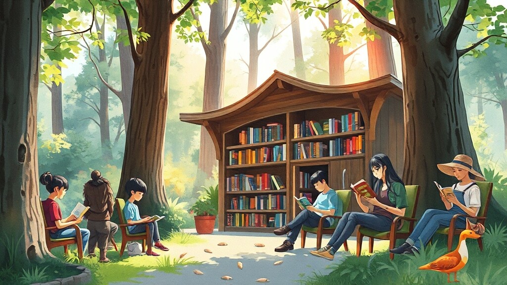 야외 도서관 시설 및 공간 구성 (illustration 스타일)