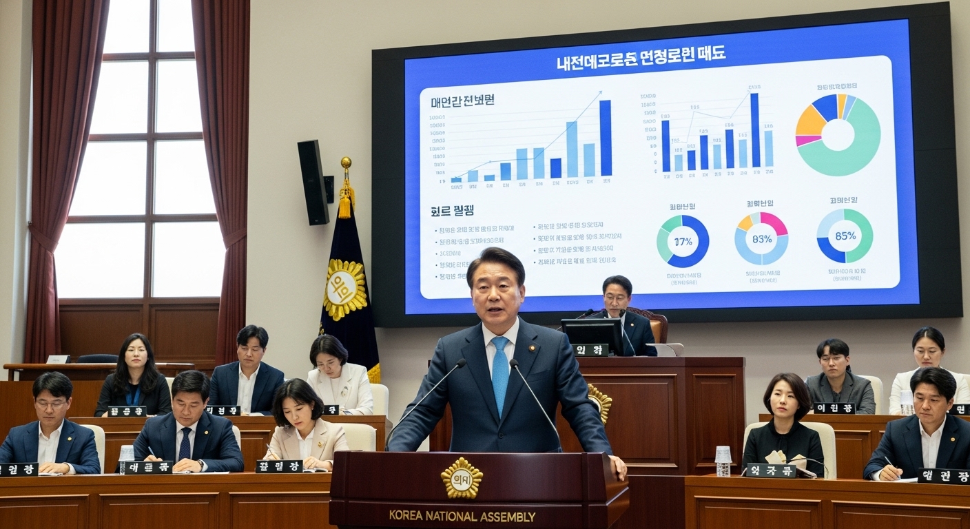 국회 연단에 선 한국인 정치인이 소상공인 및 배달앱 관계자들에게 연설하는 모습, 뒤편 스크린에는 배달 수수료 및 정책 관련 차트가 표시되어 있다.