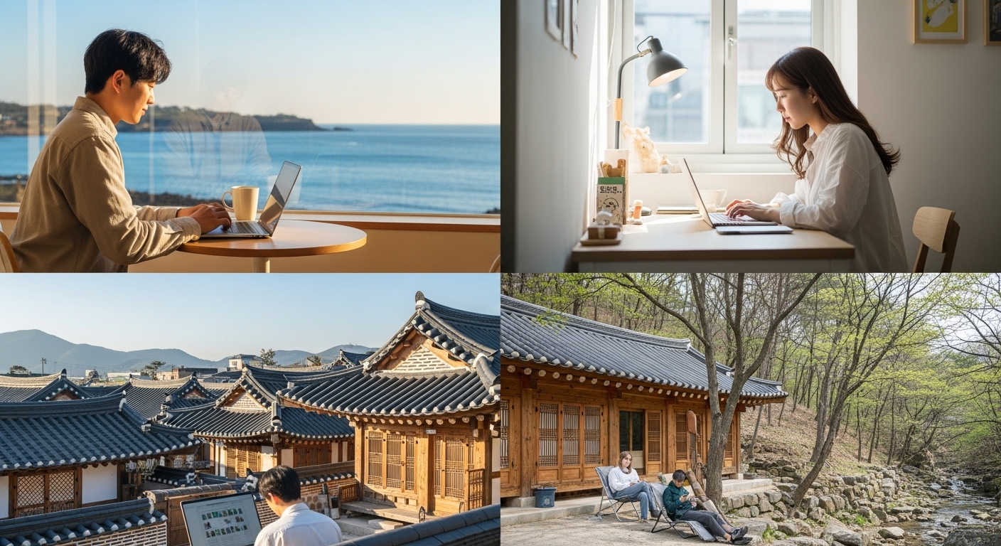 국내 인기 워케이션 지역(제주, 강릉, 전주)의 다양한 업무 및 휴식 환경을 보여주는 콜라주