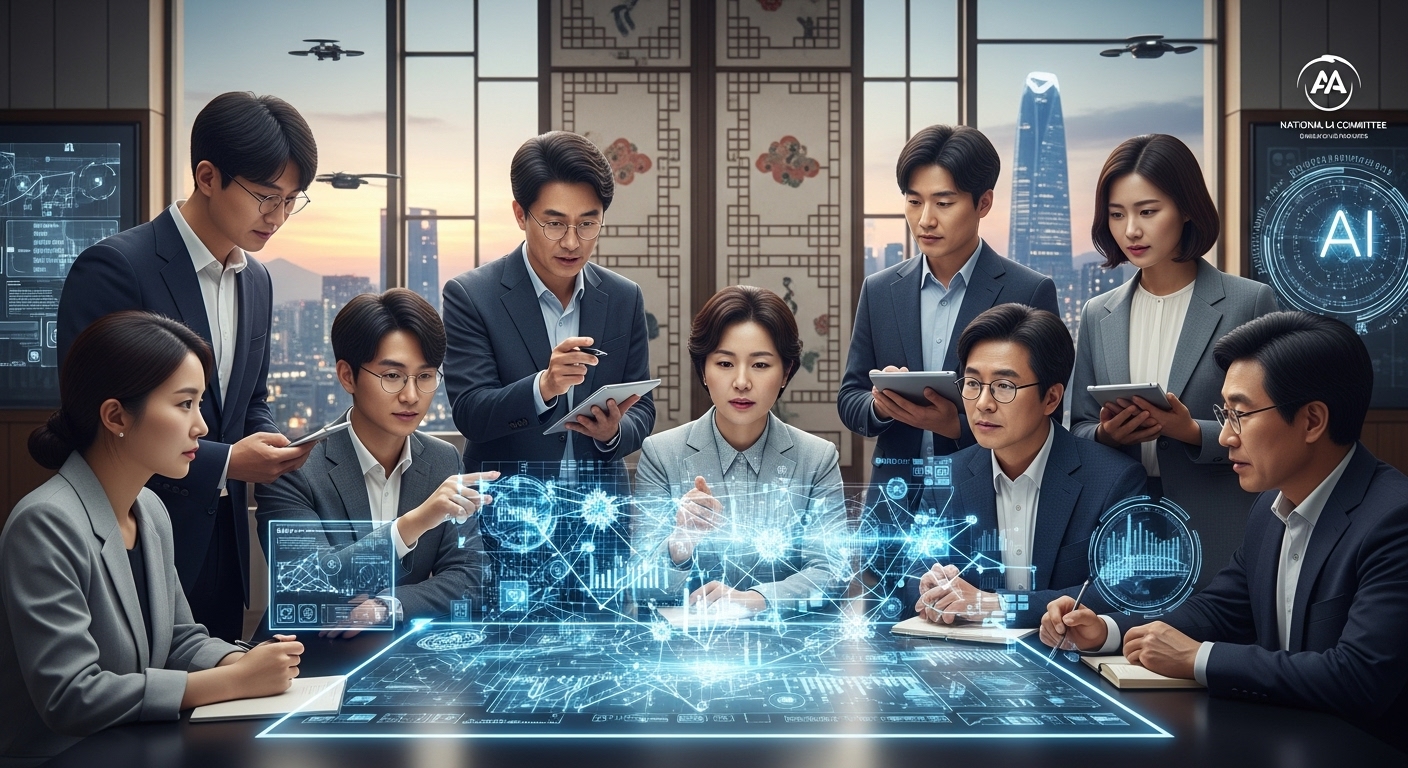 대한민국 인공지능 전략 위원회 회의 장면, 다양한 전문가들이 모여 AI 정책을 논의하는 모습