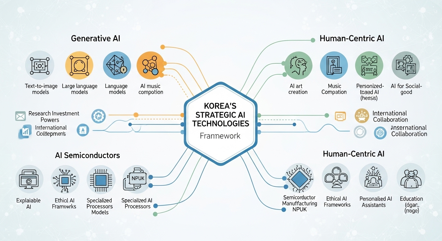 대한민국의 국가 전략기술 AI 세부기술 목록을 시각화한 인포그래픽, 다양한 AI 기술이 유기적으로 연결된 모습