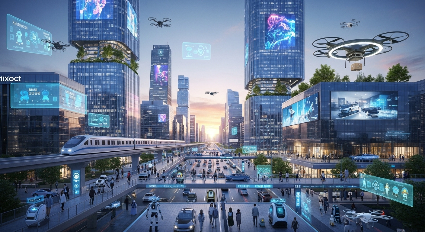 AI 기술이 보편화된 한국의 미래 도시 풍경, 자율주행차와 스마트 인프라가 조화롭게 어우러진 모습