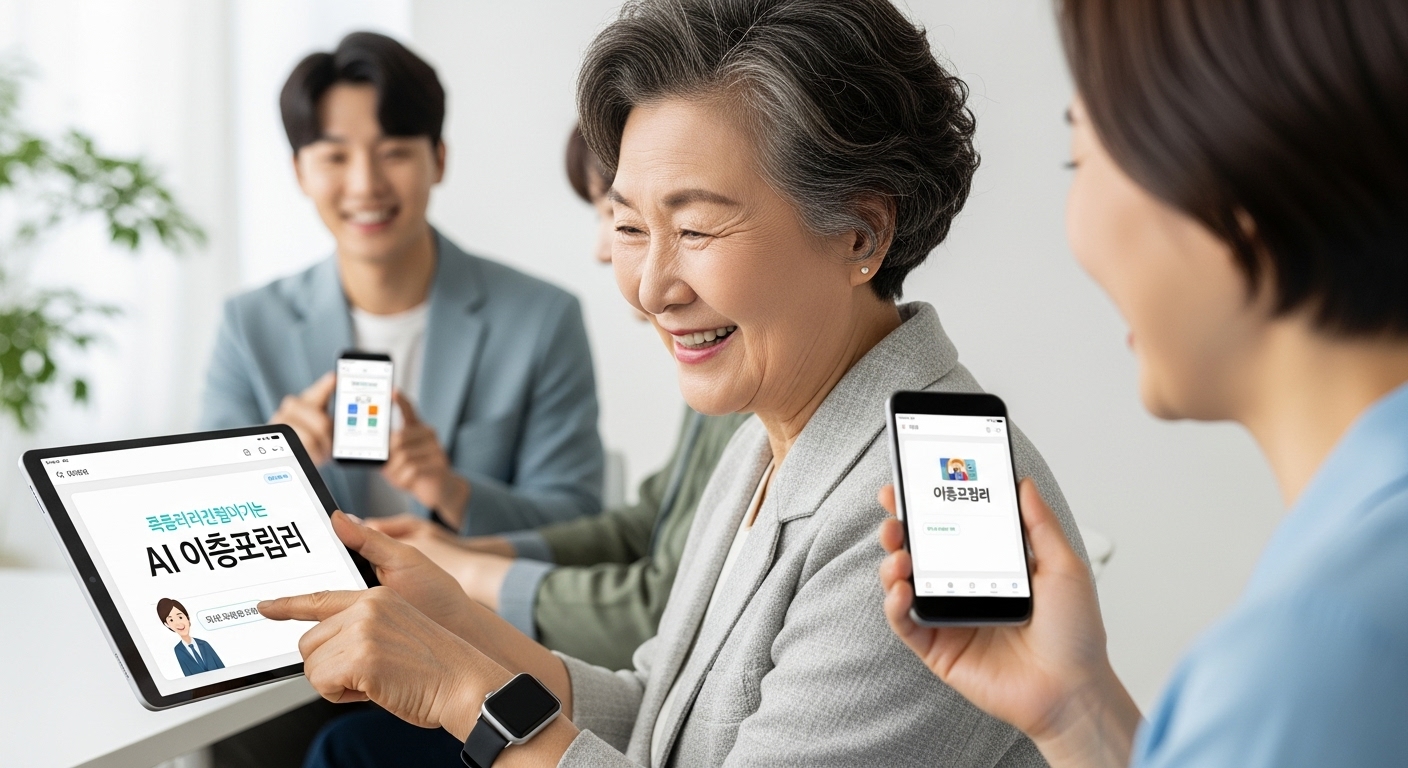 한국인 노년층 여성이 스마트워치를 착용한 채 태블릿으로 AI 건강관리 앱을 사용하는 모습, 젊은 남성이 다른 사람에게 스마트폰 앱 사용법을 알려주며 세대 간 접근성을 보여줌
