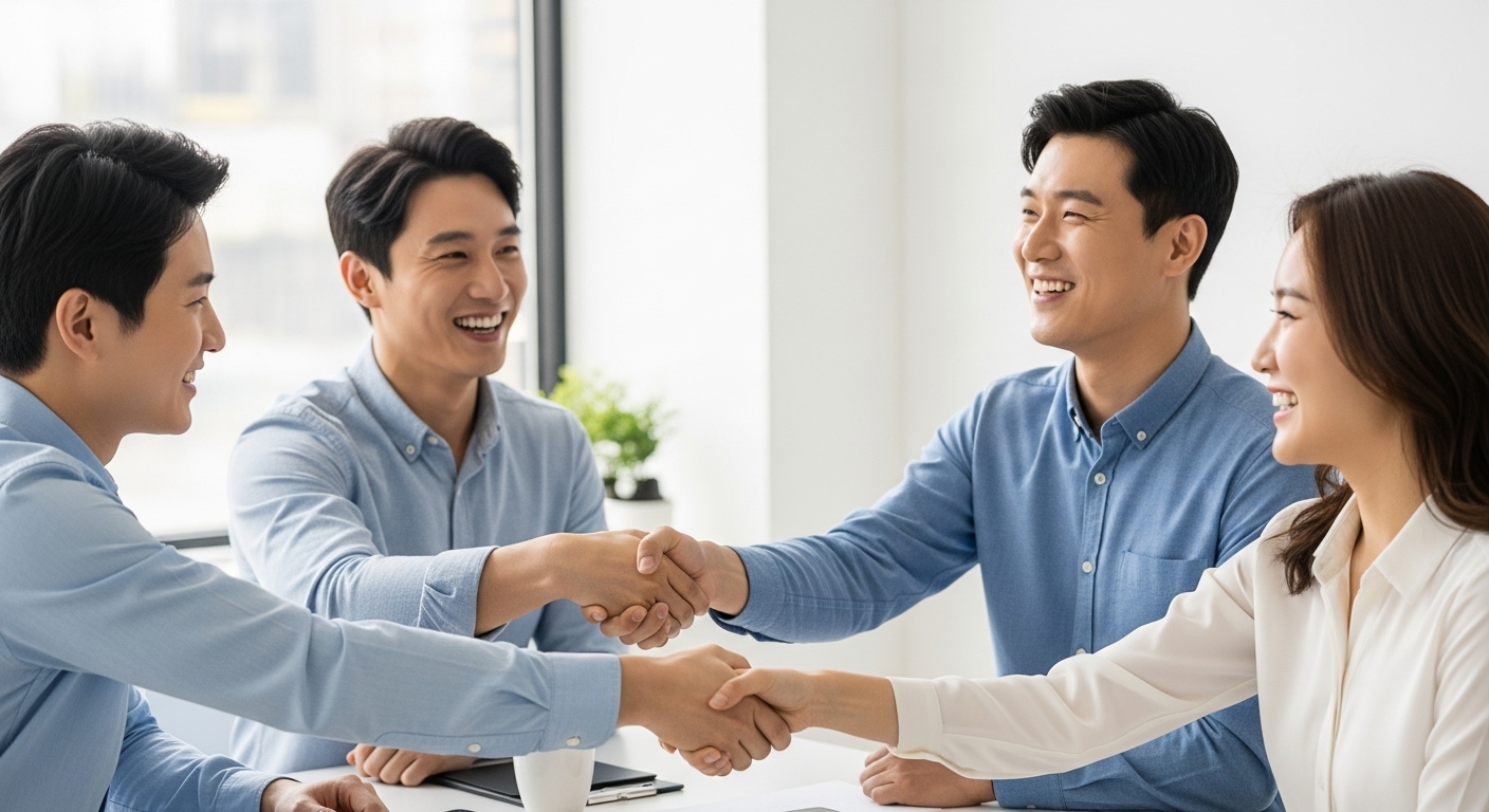 한국인 소상공인과 금융 상담사가 밝은 사무실에서 협력적인 분위기 속에서 악수하며 웃는 모습, 재정적 재기를 상징