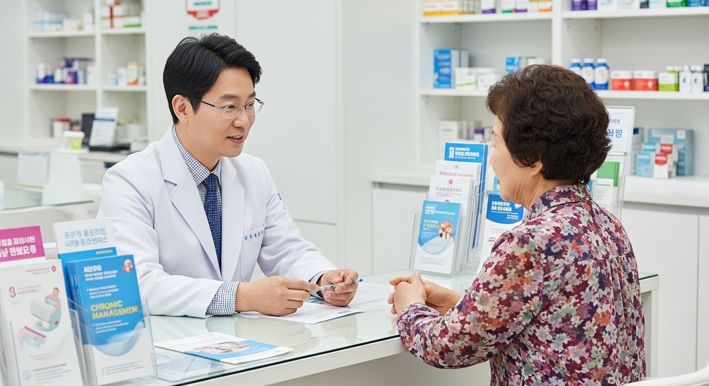 고령의 환자에게 만성질환 약 복용법과 건강 관리에 대해 친절하게 상담해주는 한국인 약사