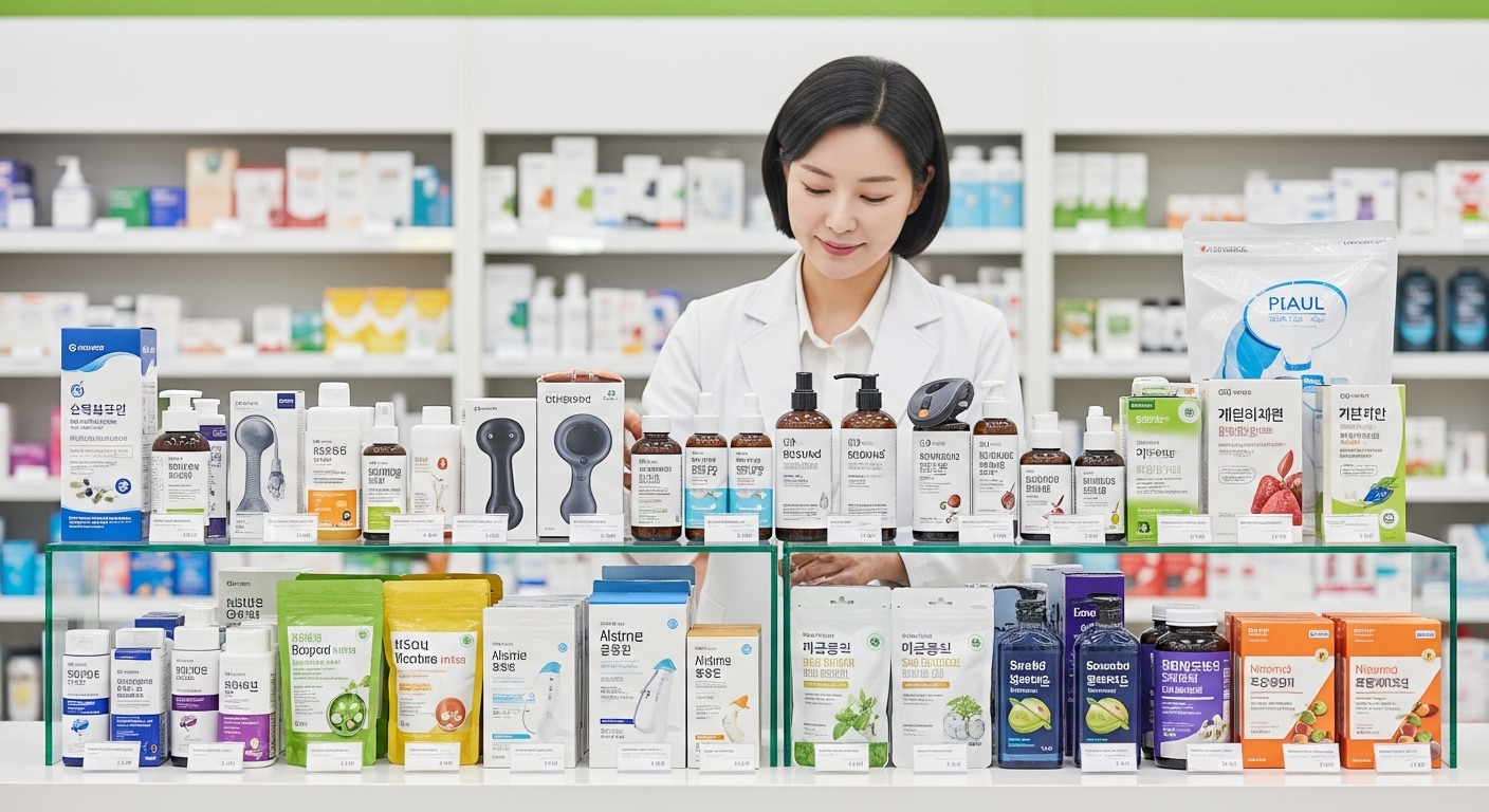 메디컬 뷰티 제품과 건강 용품 등 다양한 비약품을 판매하며 경영을 다각화하는 현대적인 한국 약국 진열대