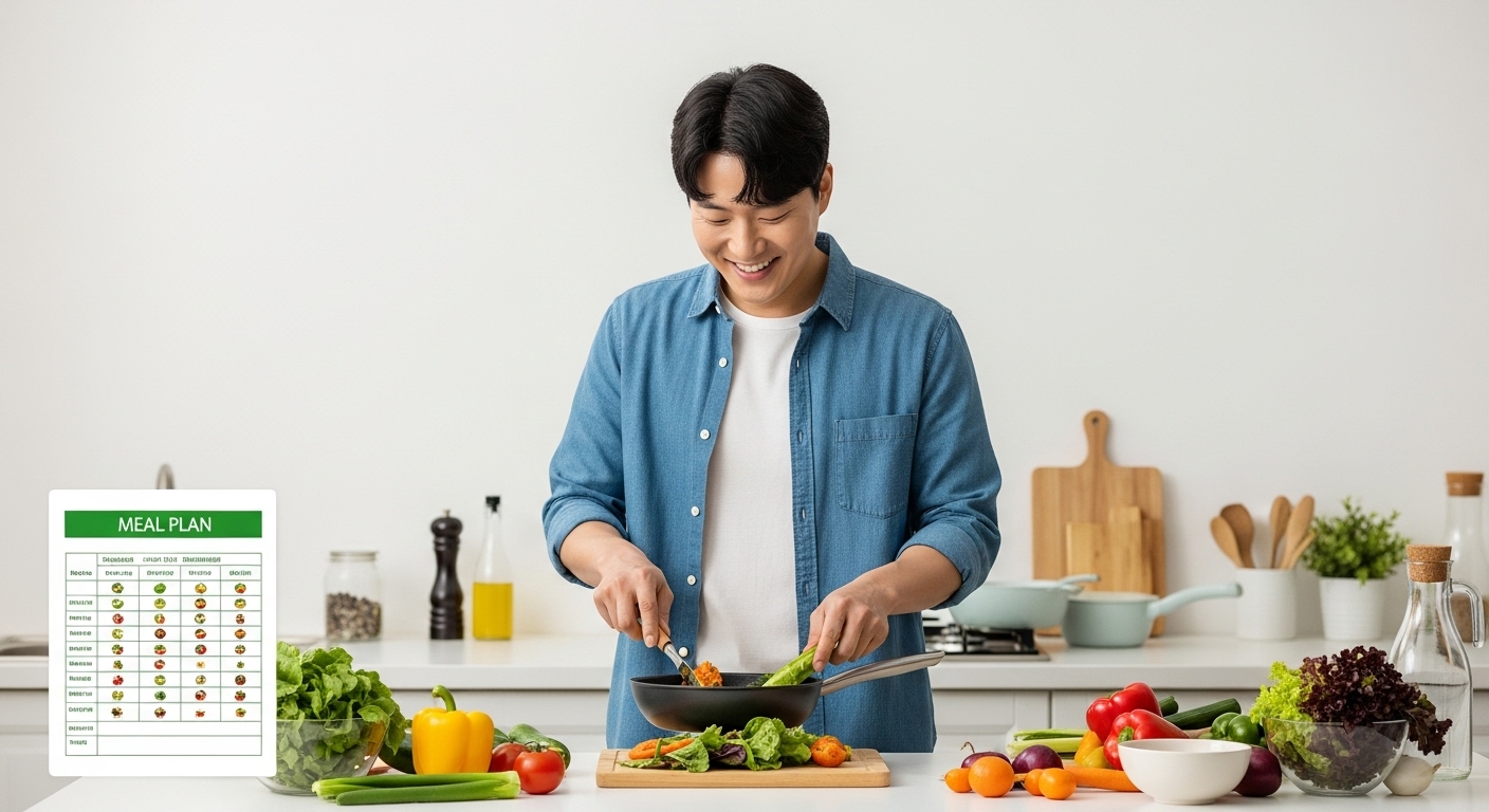 저속노화 건강식, 일상에 적용하는 실질적인 방법 - 30대 한국인 남성이 채소를 손질하며 건강한 식사를 요리하는 주방 풍경