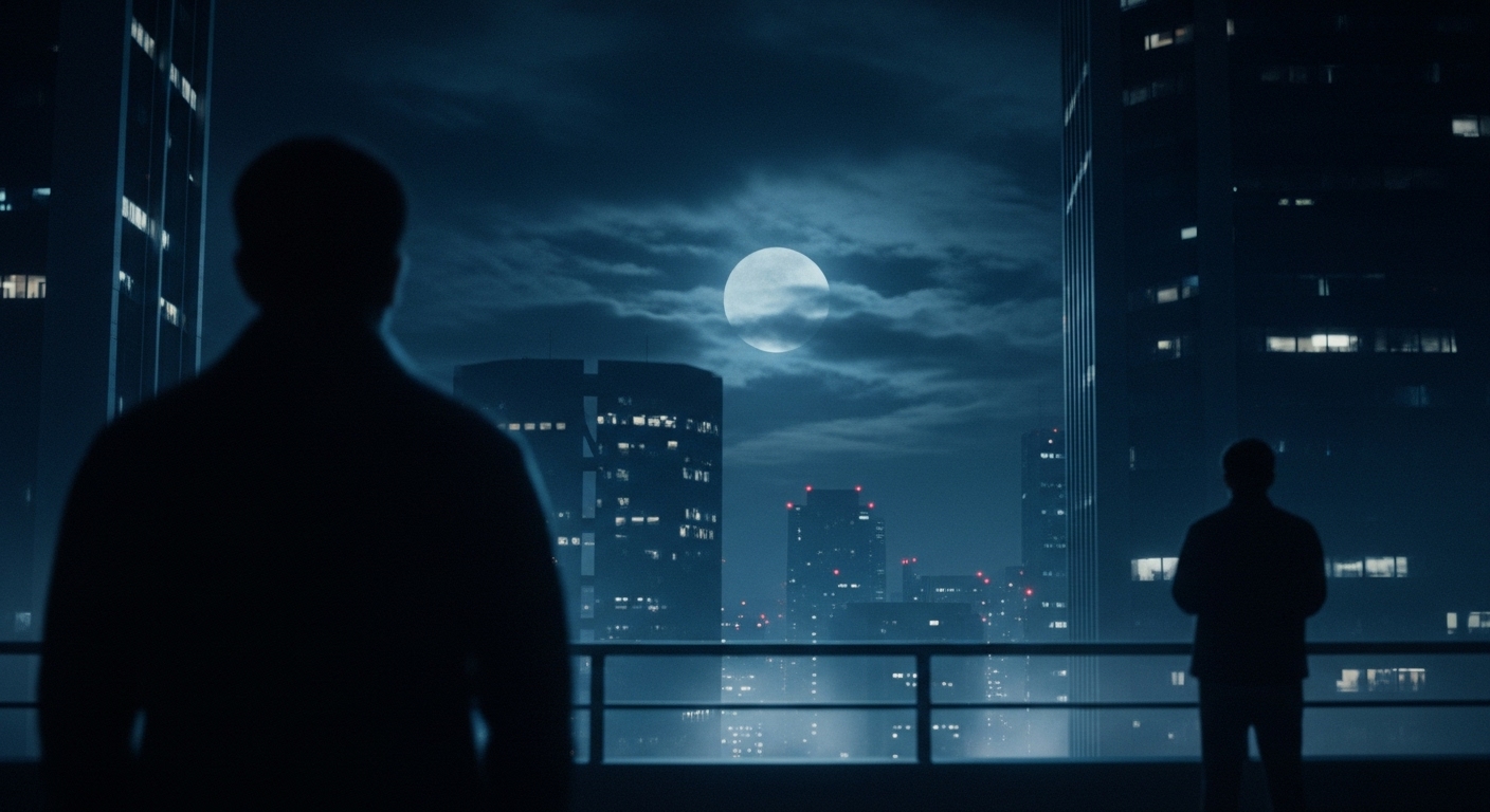 '달의 그림자' (In the Shadow of the Moon) 줄거리 및 주요 특징 - 어둡고 신비로운 미래 도시 밤 풍경, 전경에는 그림자 같은 인물이 있고 하늘에는 희미하고 영롱한 달이 떠 있다. 전체적으로 미스터리하고 긴장감 넘치는 SF 스릴러 분위기이며, 한 한국인이 멀리서 이를 지켜보고 있다.