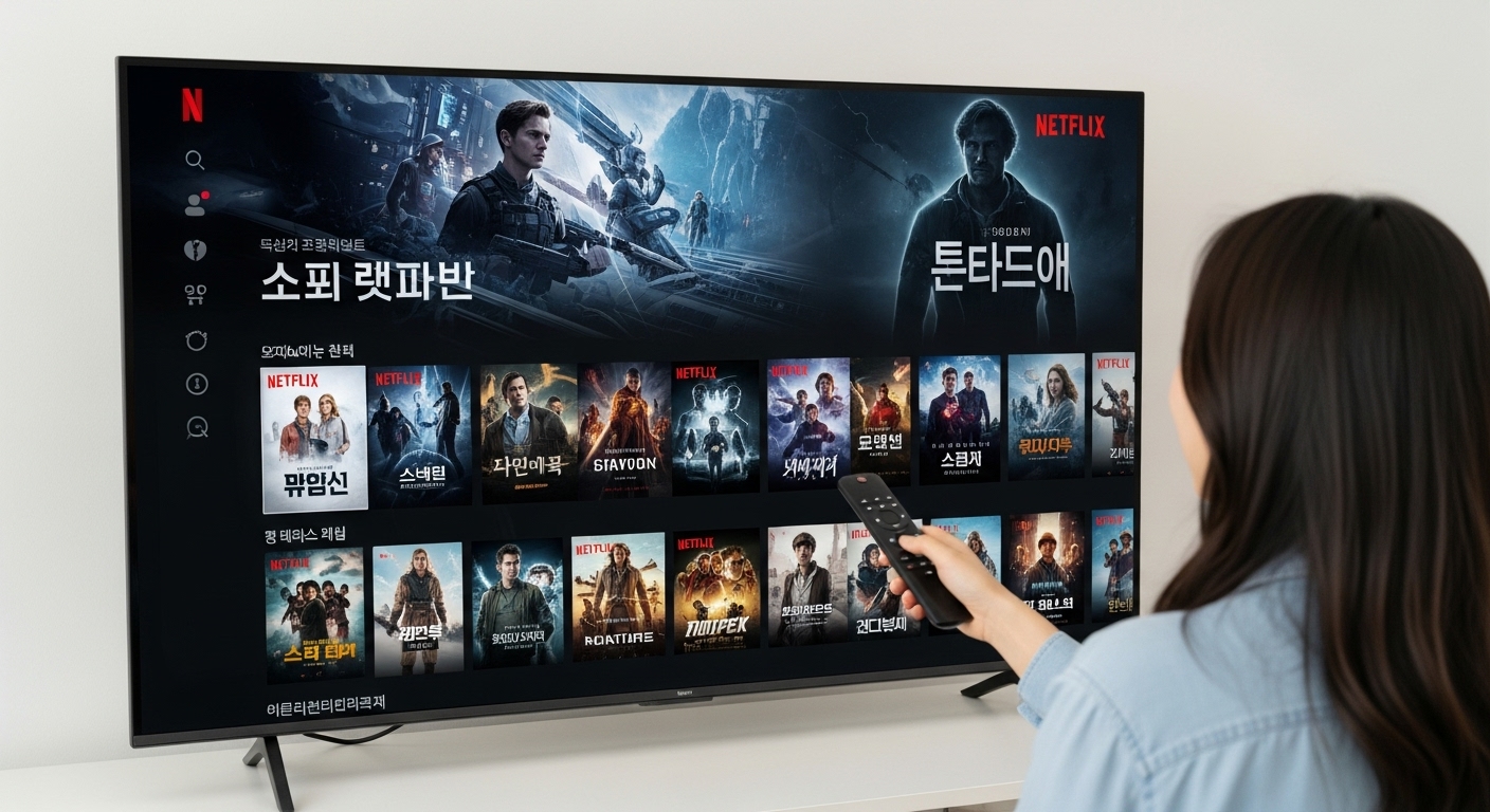 2025년 넷플릭스 신작 탐색: '달의 그림자'와 유사한 기대작은? - 한 한국인이 대형 스마트 TV의 매끄럽고 미래적인 넷플릭스 인터페이스를 즐겁게 탐색하고 있으며, 다양한 SF 및 스릴러 영화의 미리보기 이미지가 생생한 색상과 역동적인 제목으로 표시되어 있다. 이 사람은 리모컨을 사용하여 새로운 콘텐츠를 적극적으로 발견하고 있다.