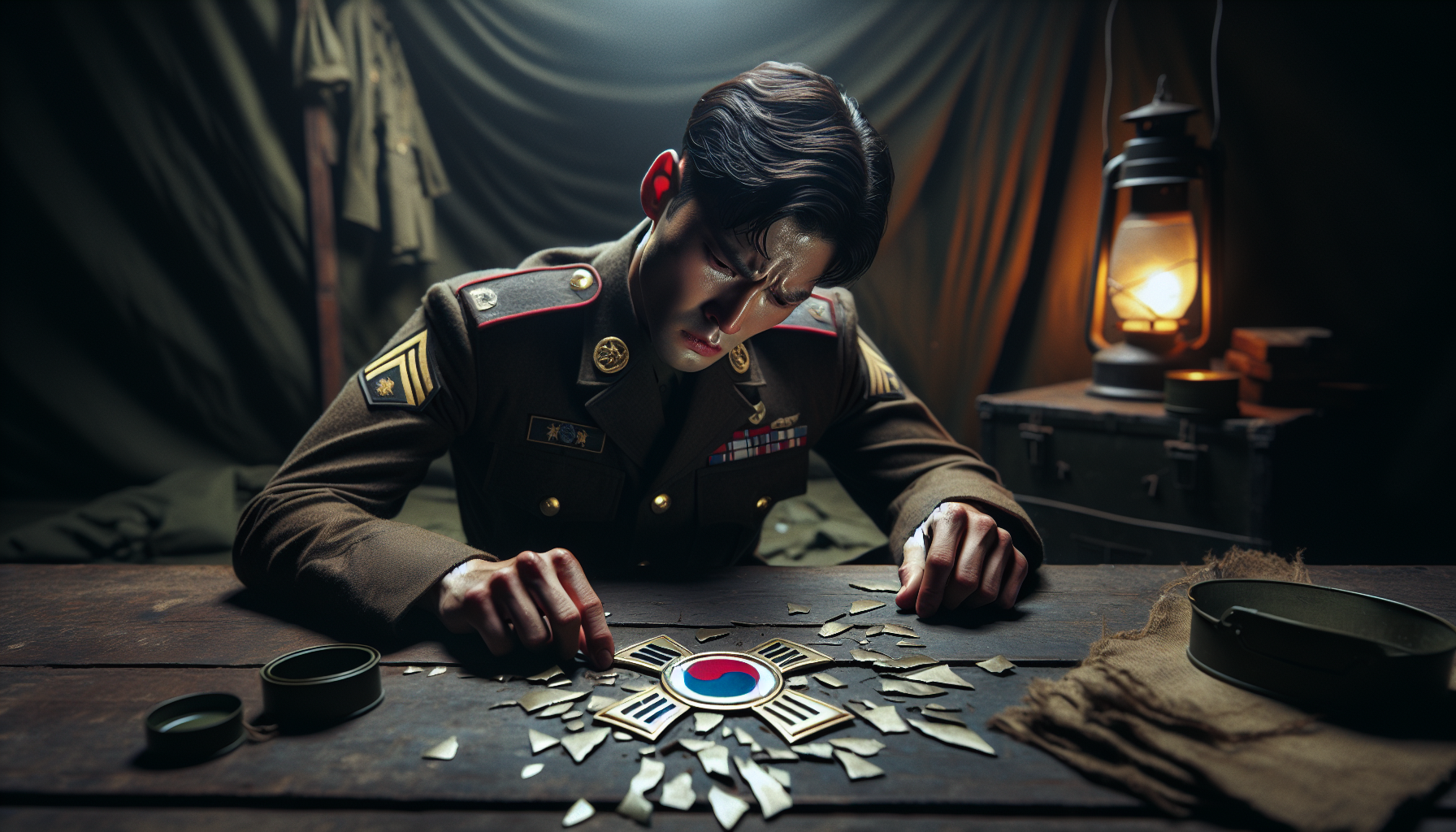 군 기강 및 국가 안보에 미치는 파장: 금이 간 군 휘장을 바라보며 고뇌하는 한국인 군인의 모습, 군내 신뢰와 사기 저하를 상징합니다.