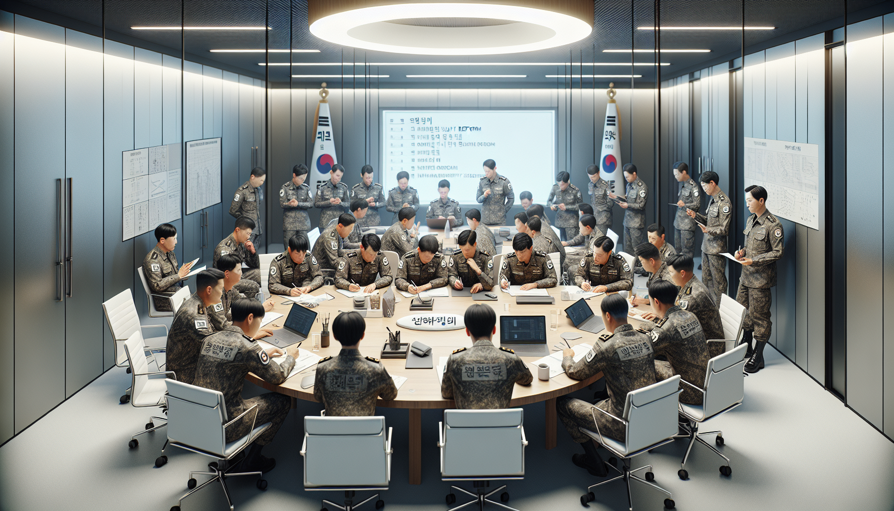 재발 방지를 위한 개선 과제와 미래 방향: 회의실에서 '군 개혁', '투명성', '국가 안보'가 적힌 화이트보드를 보며 적극적으로 토론하는 한국인 남녀 장교들, 미래 개선 노력을 상징합니다.
