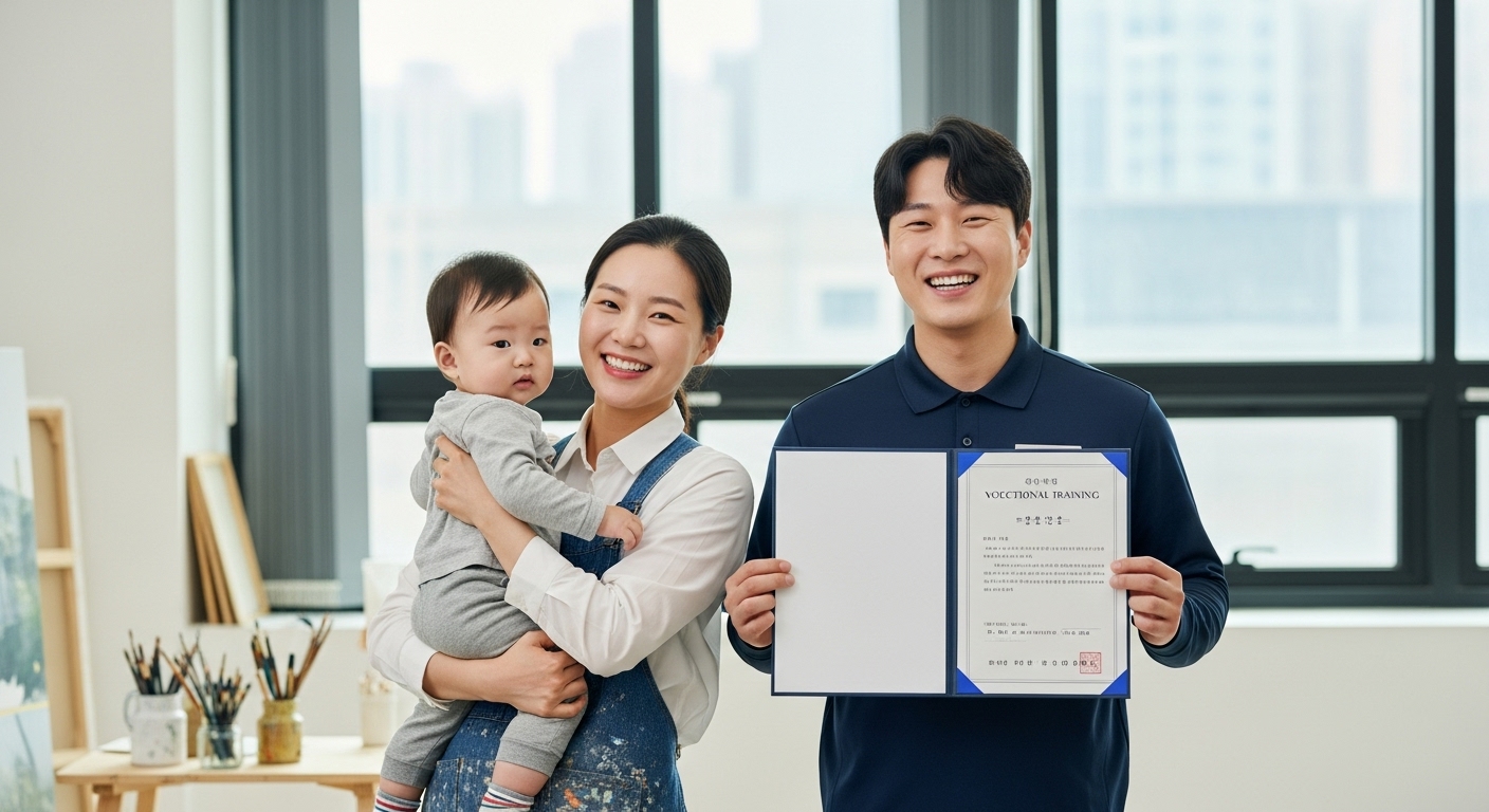 고용보험 가입의 혜택과 의무 이해하기 - 출산휴가 급여를 받는 예술가와 직업훈련을 받는 특고직 근로자의 모습으로 고용보험의 다양한 혜택을 나타냄