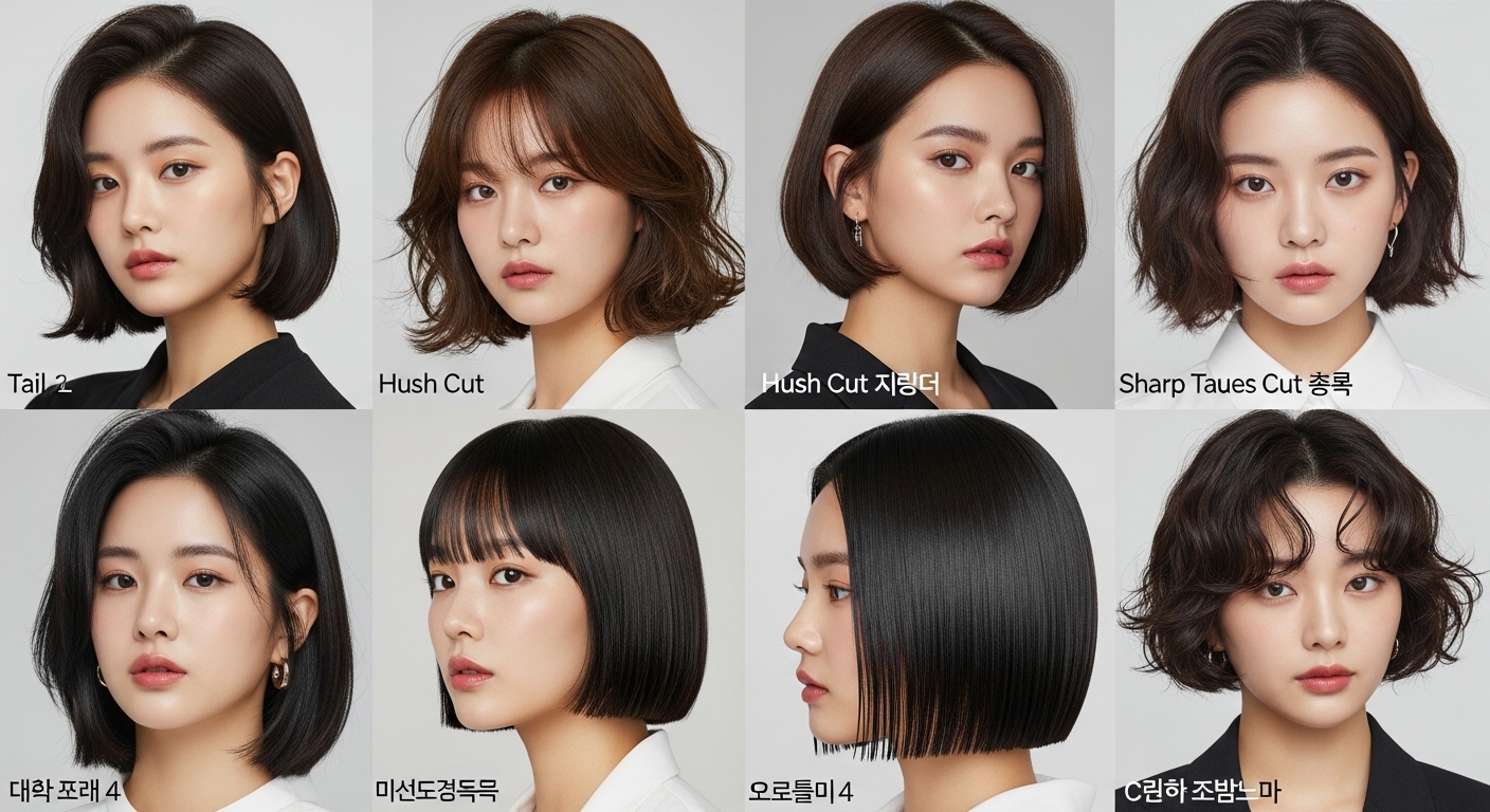 2025년을 이끌 주요 단발 스타일 분석 - 테일컷, 허쉬컷, 태슬컷, 슬릭컷, C컬 펌 단발 등 2025년 유행할 다섯 가지 단발 스타일을 각기 다르게 연출한 한국 여성들의 모습이 담긴 콜라주