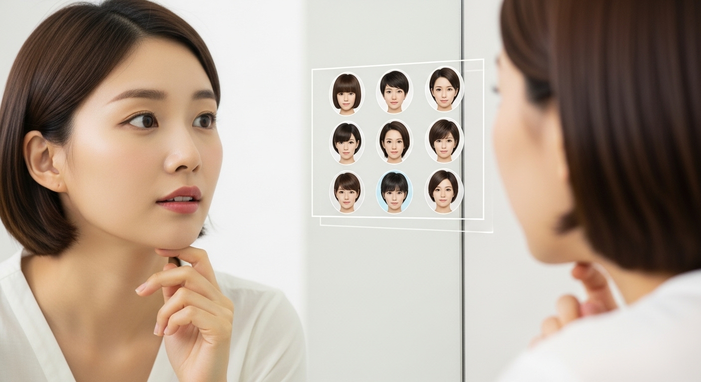 나에게 맞는 단발머리 스타일 선택 가이드 - 거울을 보며 단발머리 스타일을 신중하게 고르는 한국 여성의 모습, 디지털 오버레이로 여러 헤어스타일이 나타남
