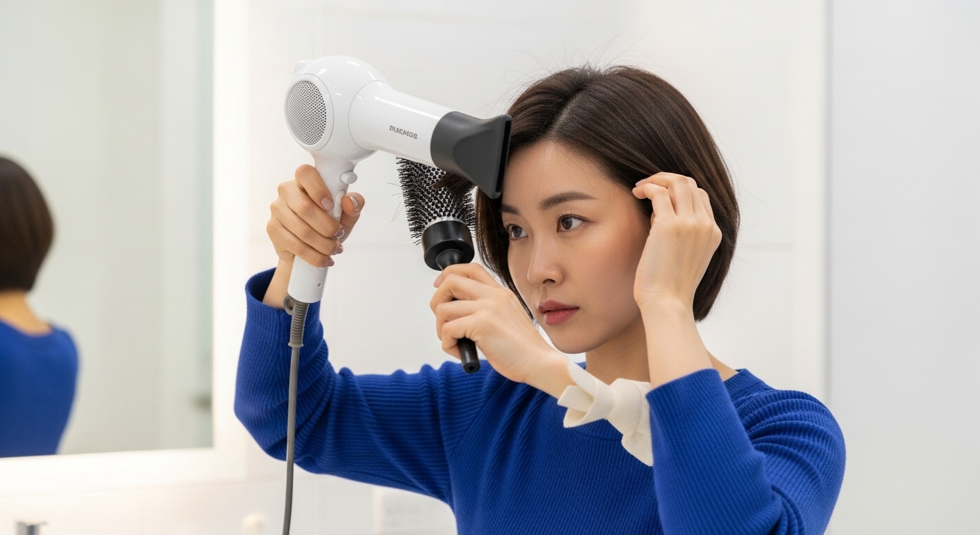 2025 단발머리, 스타일링 및 관리 팁 - 밝고 현대적인 욕실에서 헤어드라이어와 롤빗을 사용하여 단발머리를 직접 스타일링하는 한국 여성의 모습