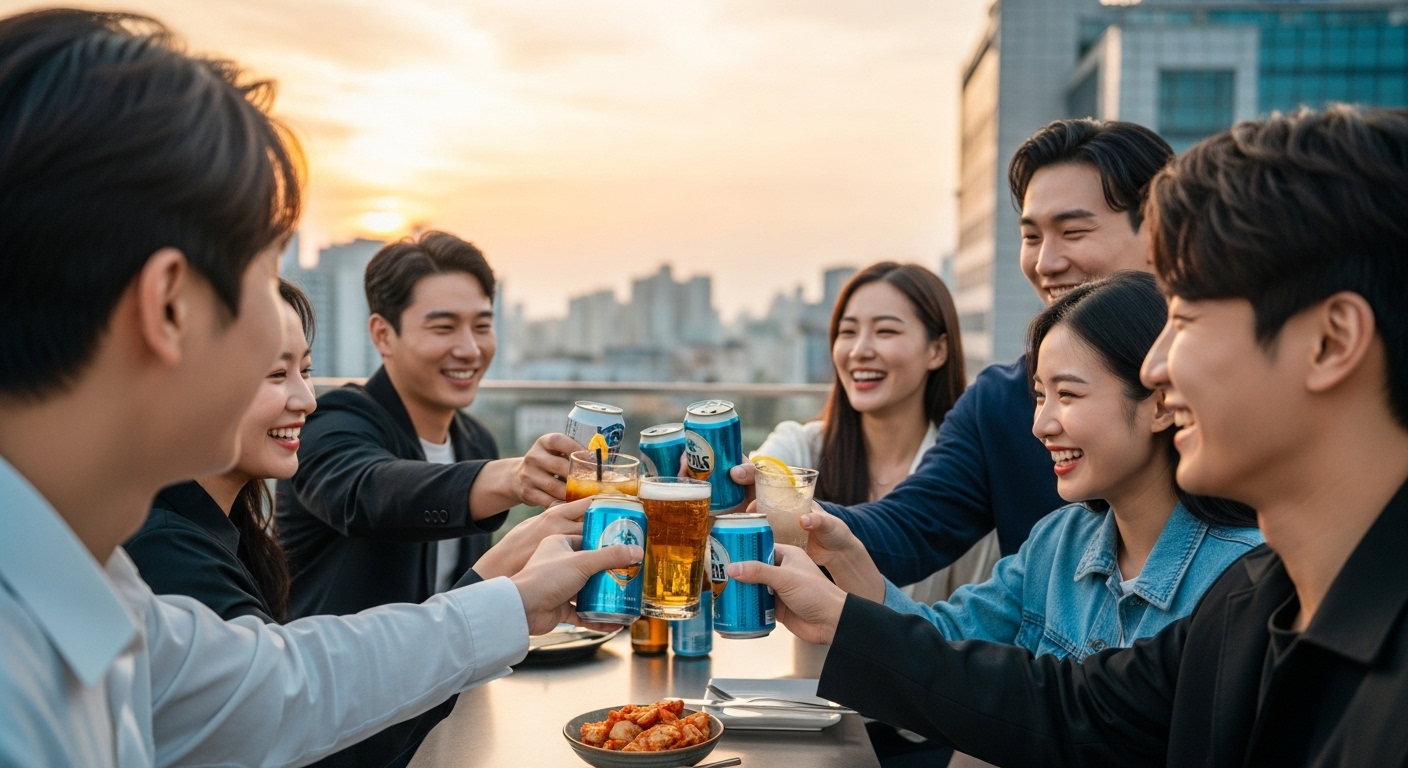 소비자 경험 극대화, 풀오픈탭 확산의 핵심 동력 - 해질녘 도시 루프탑 바에서 한국인 젊은이들이 풀오픈탭 맥주, 하이볼, 칵테일 등 다양한 주류를 즐기며 웃고 건배하는 즐거운 모습.