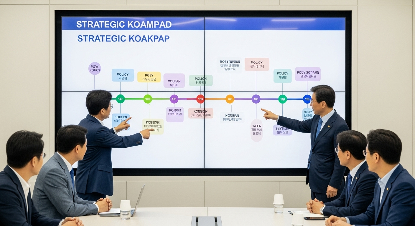 한국의 지속가능항공유 의무화 로드맵 현황 - 한국 정부 관계자와 산업 리더들이 현대적인 회의실에서 SAF 로드맵 문서를 보며 목표와 이니셔티브를 논의하는 모습