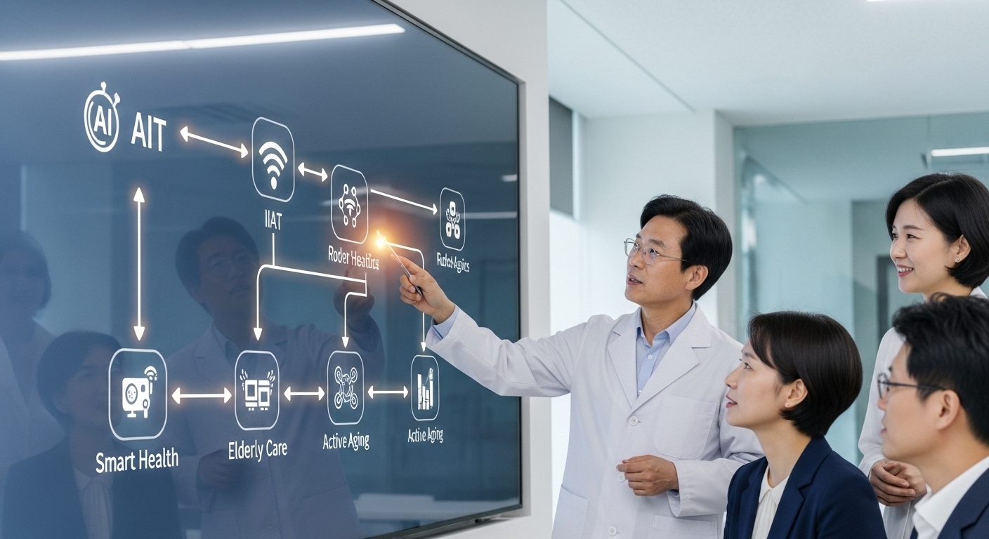 대한민국 에이지테크 R&D 로드맵의 주요 전략 - 현대적인 사무실에서 한국인 과학자나 정책 입안자가 큰 화면에 표시된 에이지테크 R&D 로드맵(AI, IoT, 로봇 공학 등 기술 아이콘과 스마트 헬스, 노인 돌봄 등의 개념이 연결된 디지털 플로우차트)을 가리키며 동료들과 논의하는 모습