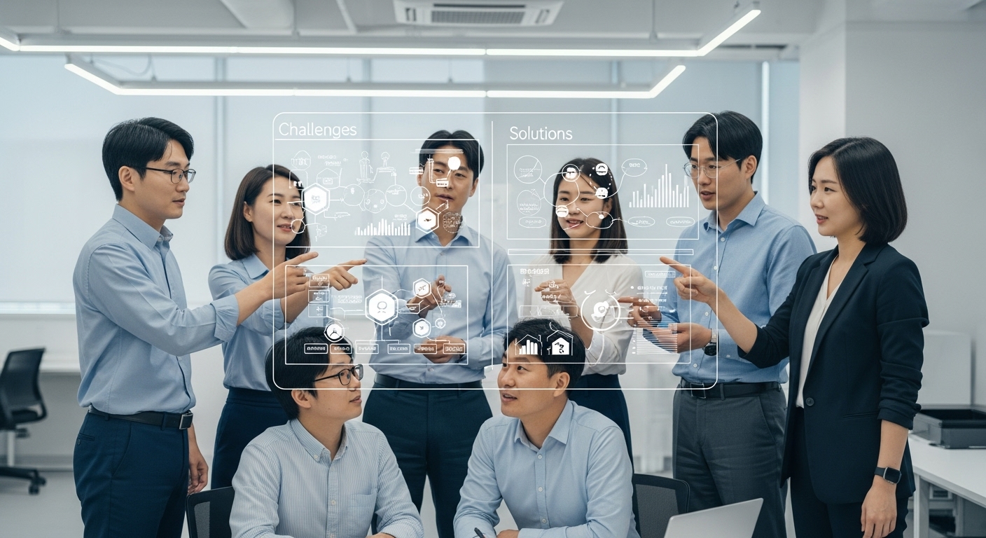 성공적인 로드맵 추진을 위한 과제와 전망 - 현대적인 협업 연구실에서 한국인 연구자 및 개발자들이 투명 스크린이나 화이트보드 주변에 모여 에이지테크 개발의 '과제'와 '해결책'을 상징하는 다이어그램과 데이터 시각화를 논의하며 문제 해결에 집중하는 모습