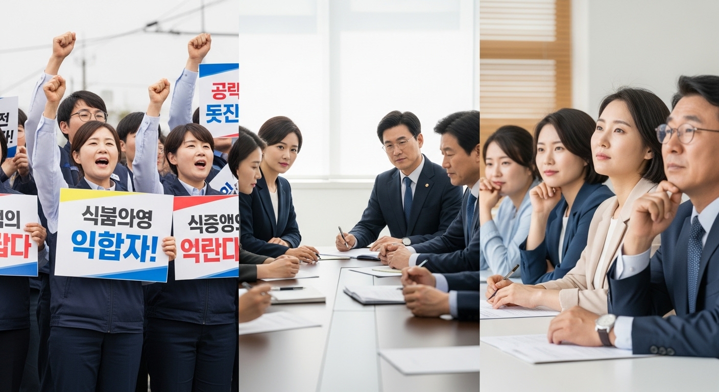 노동계, 경영계, 그리고 시민사회의 상반된 시각 - 한국인 노동조합원들이 주장하고, 기업 경영진이 논의하며, 다양한 시민들이 경청하는 분할 이미지로, 노동절 명칭 변경에 대한 각기 다른 사회적 시각을 표현