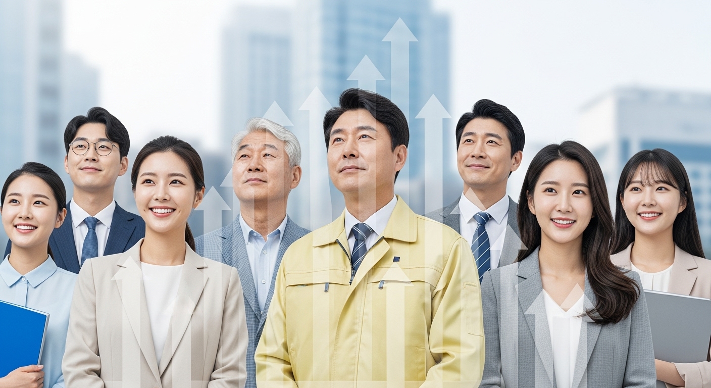 향후 법안 통과 가능성과 사회적 파급효과 전망 - 서울의 현대적인 도시를 배경으로 한국인 젊은 전문가, 고령 노동자, 학생 등 다양한 사람들이 희망찬 표정으로 미래를 바라보는 모습. 긍정적인 사회적 영향을 상징하는 상승하는 화살표 인포그래픽이 오버레이 되어 있음
