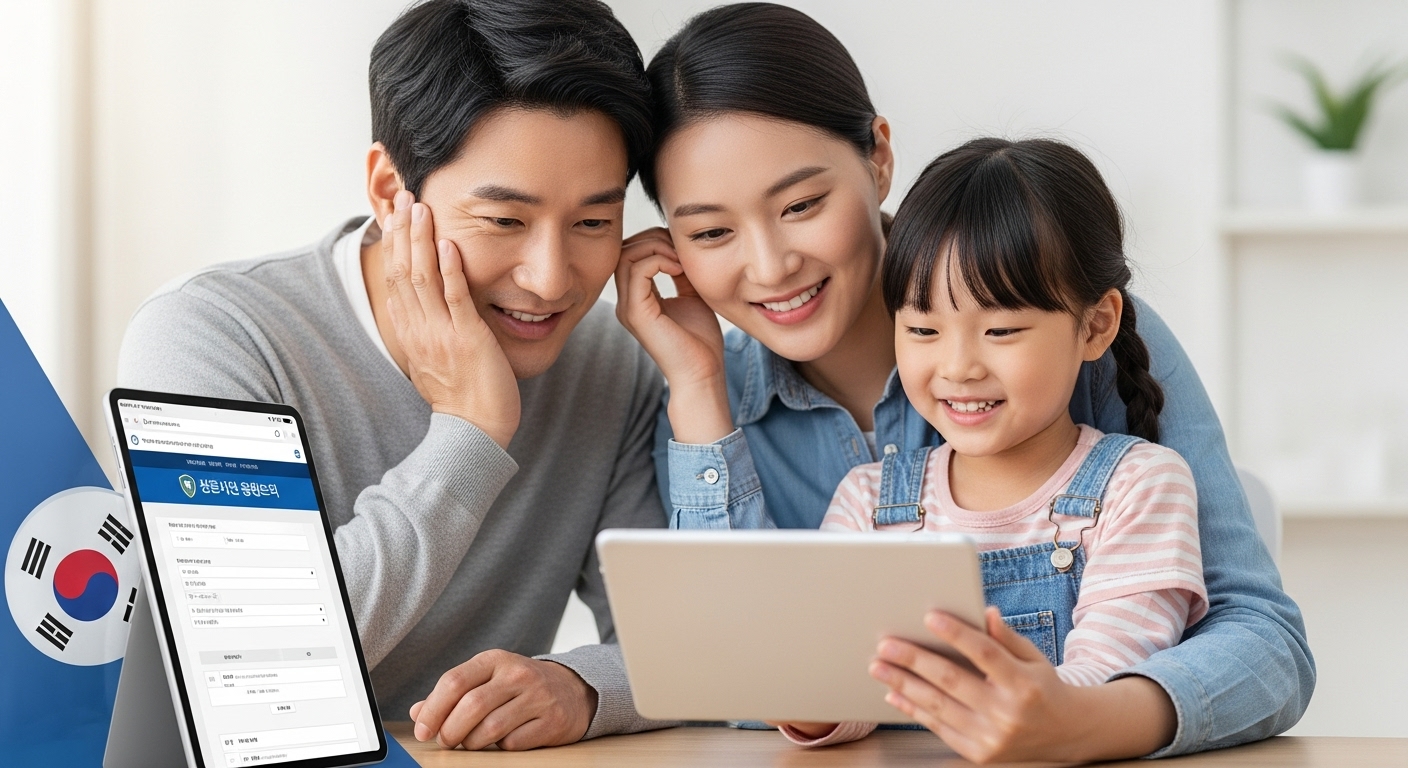 주요 내용 및 신청 자격 - 한국인 한부모가 자녀와 함께 태블릿으로 정부 웹사이트에서 양육비 선지급 신청서를 확인하며 안도하는 모습