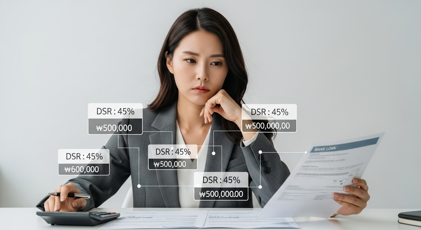2025년 DSR 규제 현황 및 주요 내용 - 한국인 여성이 책상 위의 다양한 은행 대출 서류와 계산기를 보며 진지한 표정으로 재정 수치를 고민하는 모습. DSR 비율과 대출 금액에 대한 미묘한 그래픽 오버레이가 있다.