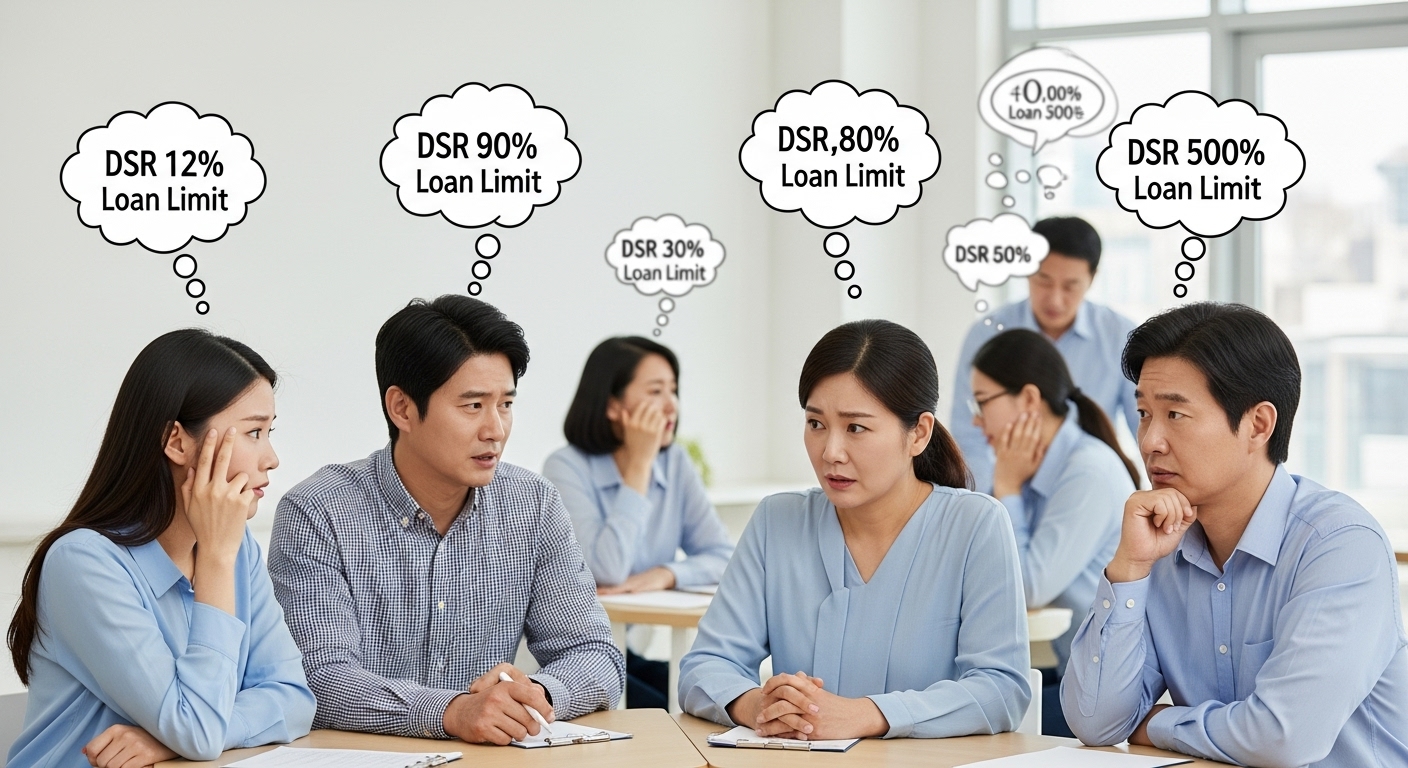 가계 및 금융 시장에 미치는 영향 - 젊은 한국인 부부, 중년 전문가, 소상공인 등 다양한 한국인들이 걱정스러운 표정으로 재정 상황을 논의하는 모습. DSR 비율과 대출 한도가 담긴 생각 풍선이 주변에 떠 있다. 배경은 캐주얼한 커뮤니티 모임 또는 금융 세미나이다.