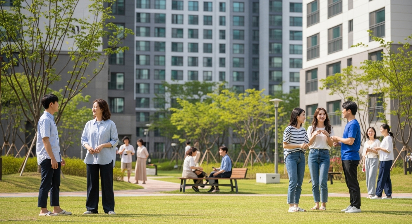 청년 맞춤형 주택 공급 확대 및 정보 접근성 강화 - 현대적이고 친환경적인 공공주택 단지에서 공유 녹지 공간을 즐기며 교류하는 활기찬 한국인 청년 거주자들의 모습