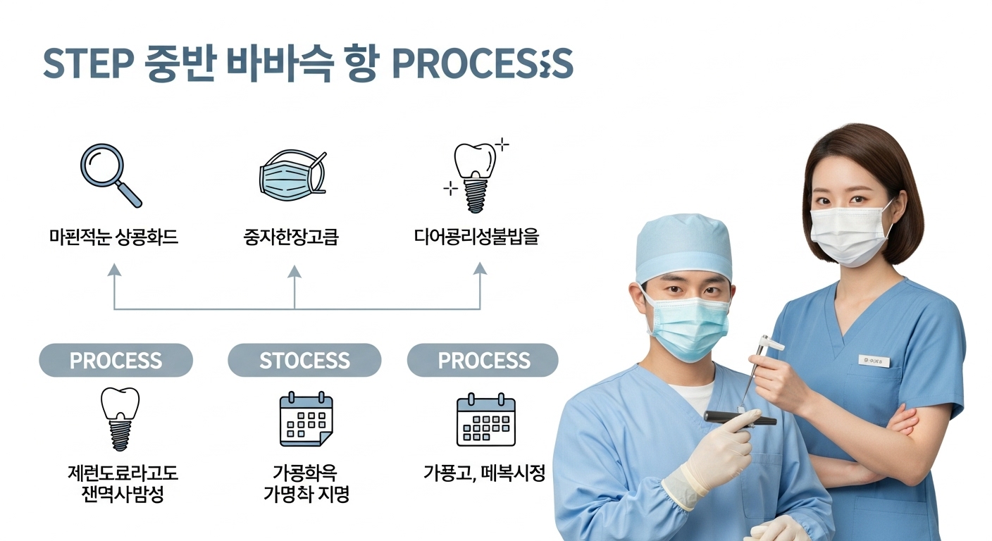 본인부담률 및 임플란트 시술 과정의 변화 - 국민건강보험 임플란트 시술 과정을 단계별로 시각화한 깔끔한 인포그래픽