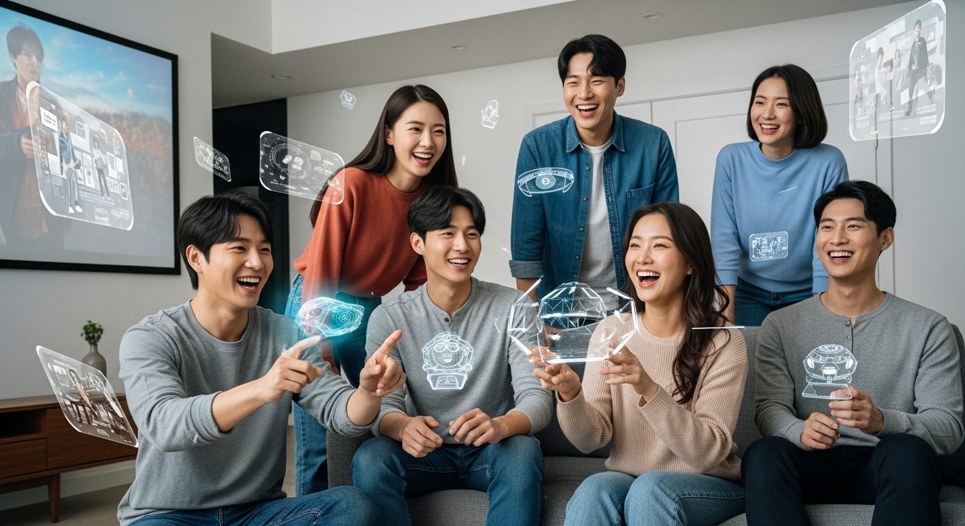 일상 속 공간 컴퓨팅: 변화하는 사용자 경험 - 현대적인 거실에서 한국 청년들이 홀로그램 게임과 디지털 콘텐츠와 상호작용하며 즐거워하는 모습