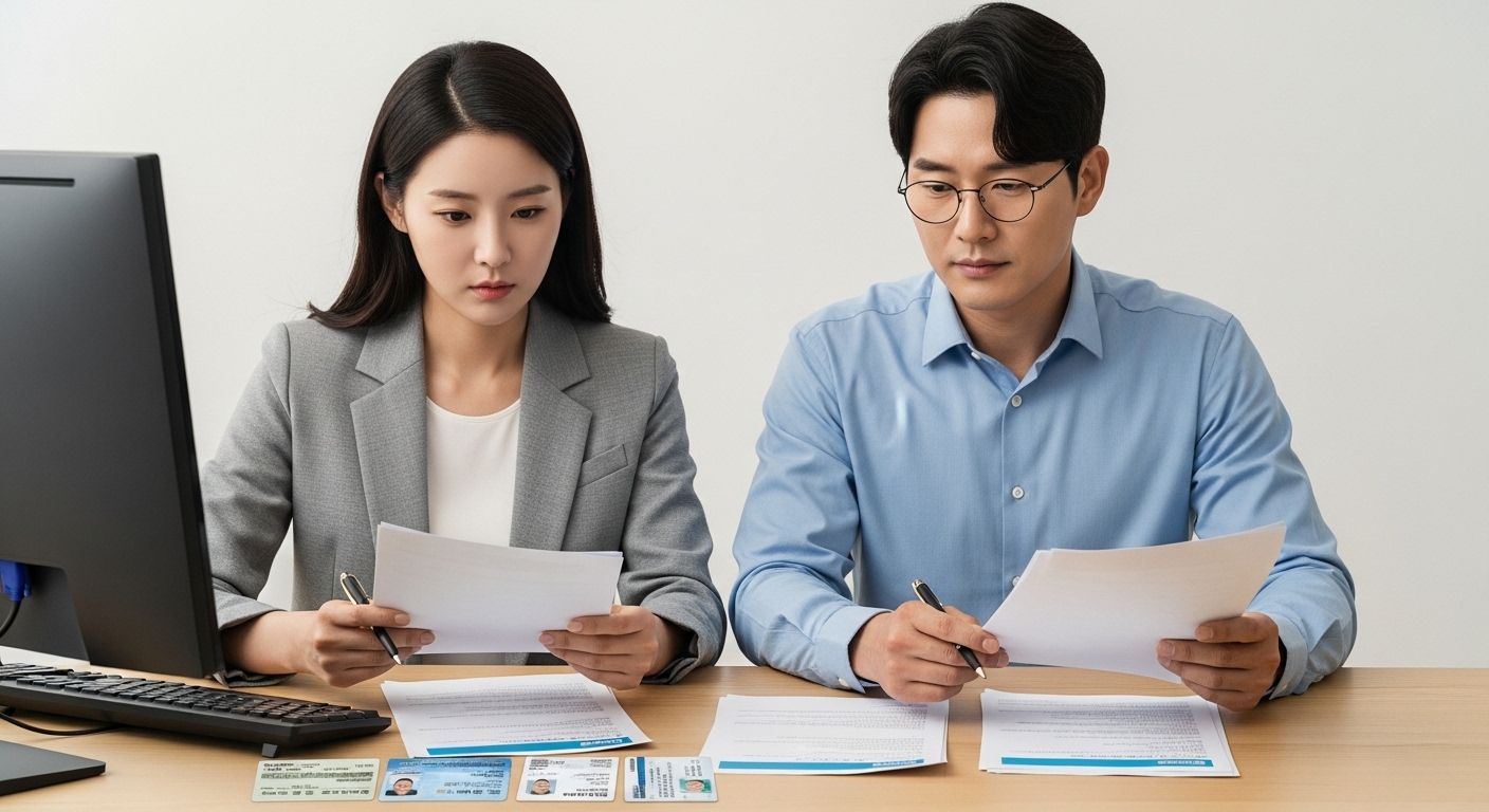 놓치지 말아야 할 추석지원금 신청 팁 및 유의사항 - 한국인 남녀가 컴퓨터 앞에서 서류를 보며 지원금 신청 정보를 꼼꼼히 확인하는 모습.
