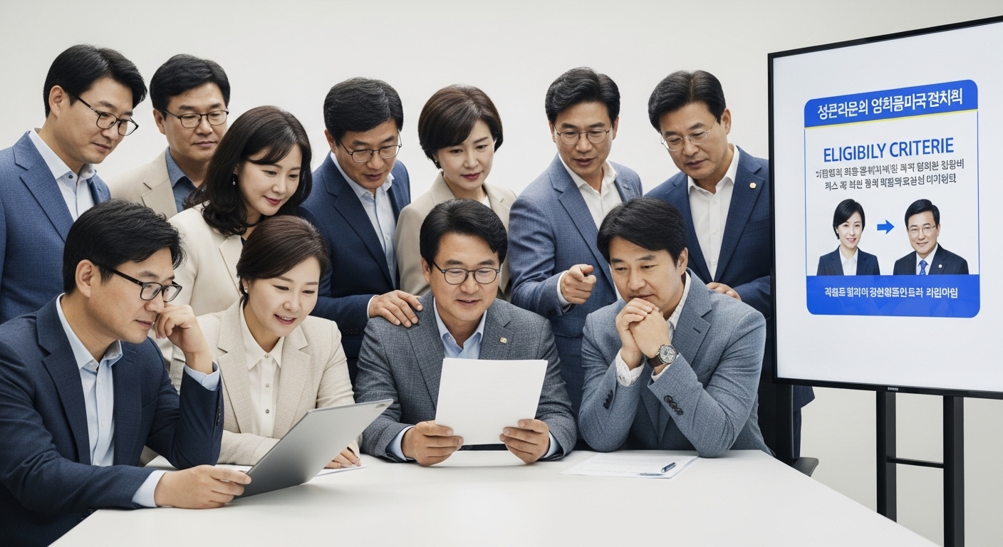 누가 받을 수 있나요? (예상 자격 기준 및 대상) - 다양한 한국인들이 정부 정책의 자격 기준을 주의 깊게 확인하는 모습