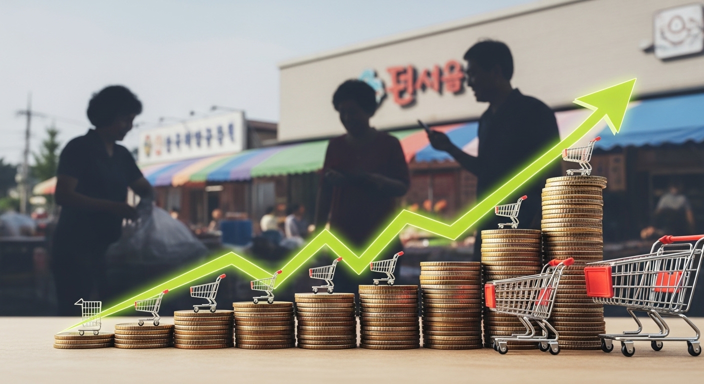 2차 소비쿠폰이 가져올 경제 효과와 기대점 - 쇼핑카트와 동전으로 이루어진 상승 그래프와 활기찬 한국 재래시장 전경