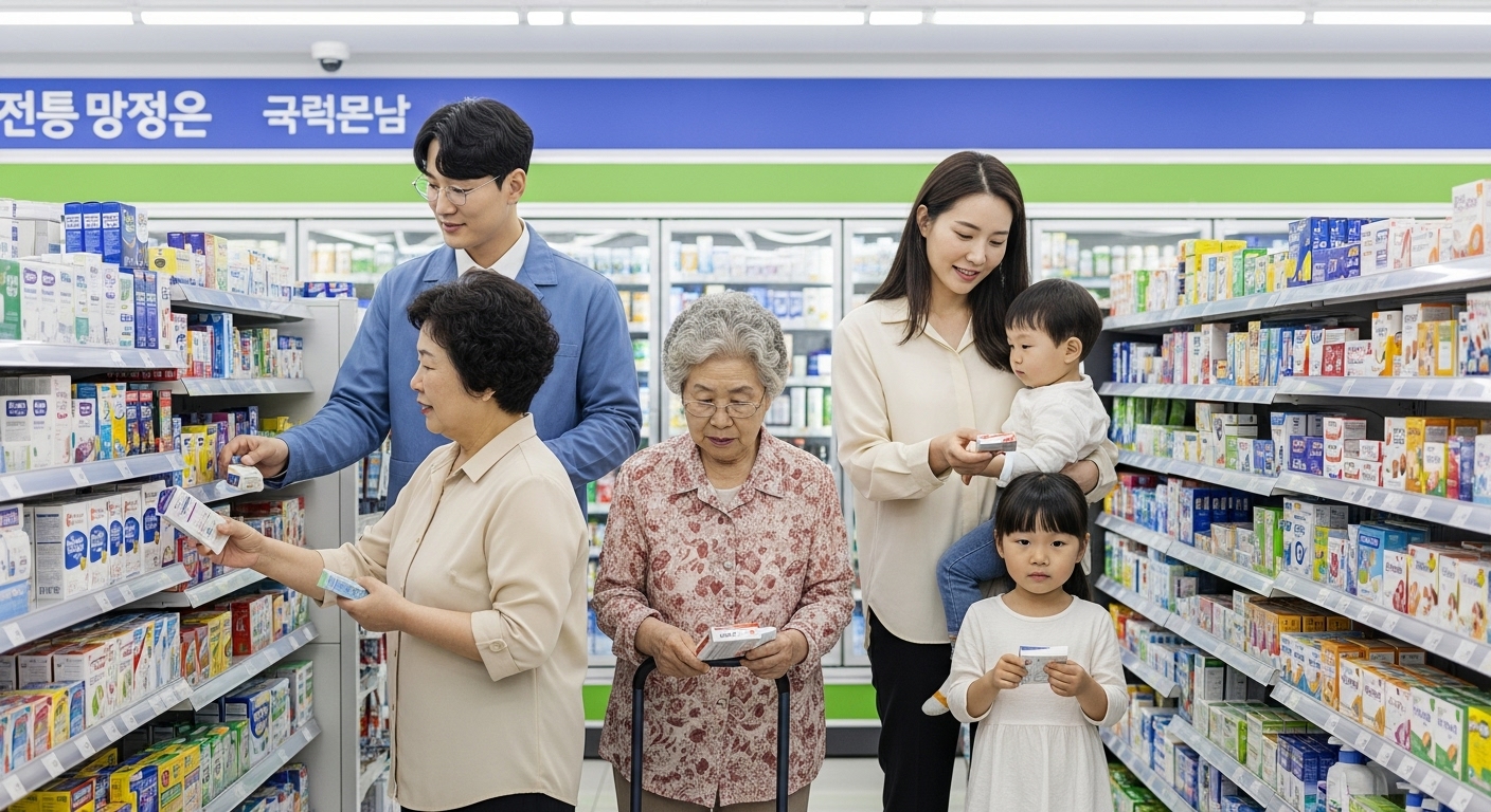 품목 확대 논의의 주요 쟁점과 찬성론 - 다양한 연령대의 한국인들이 편의점에서 간단한 의약품을 손쉽게 구매하는 모습으로, 대중의 접근성과 편의성 향상을 상징한다.