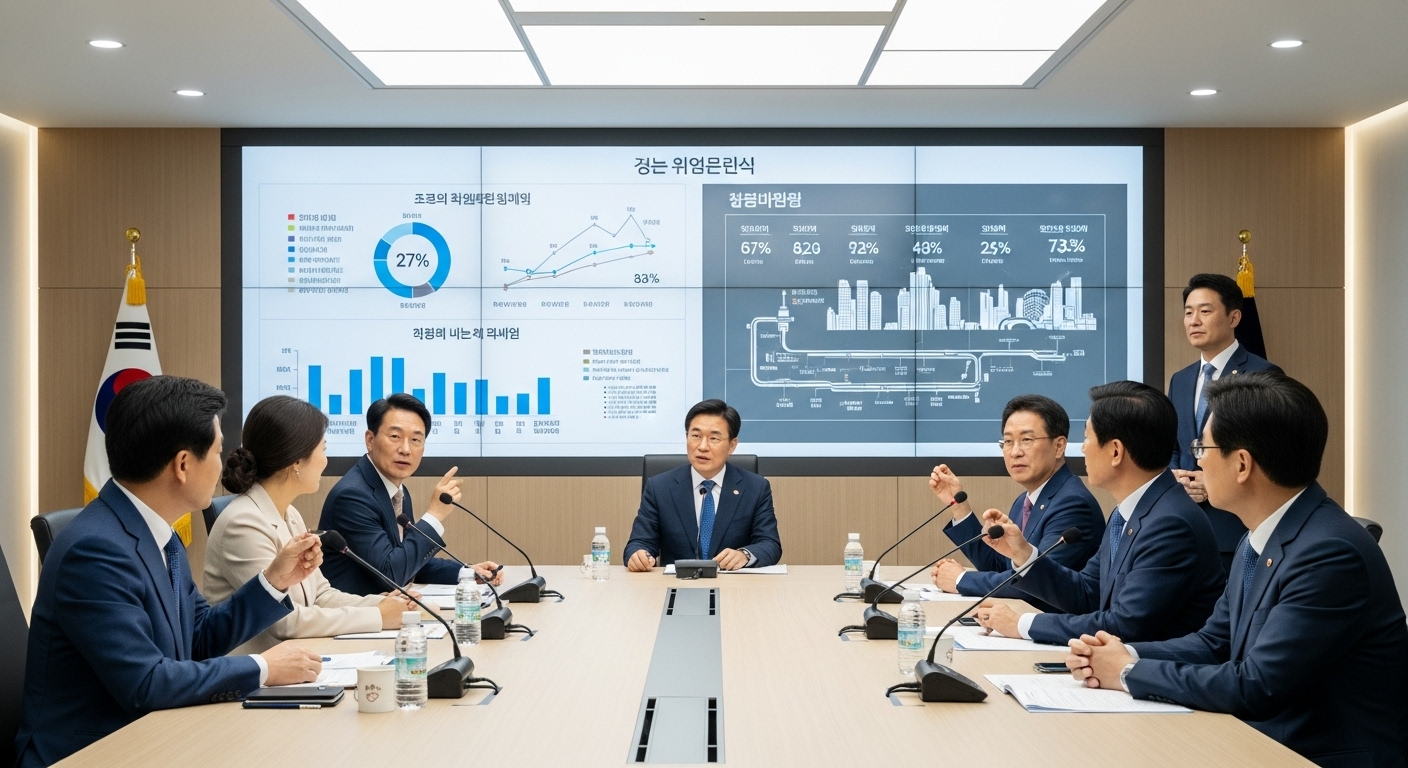 2025년 정책 방향과 미래 전망 - 현대적인 회의실에서 한국 정부 관계자들과 전문가들이 진지하게 토론하며, 화면에 공중 보건과 편의성 정책 수립의 균형을 보여주는 차트와 데이터가 표시된 모습.