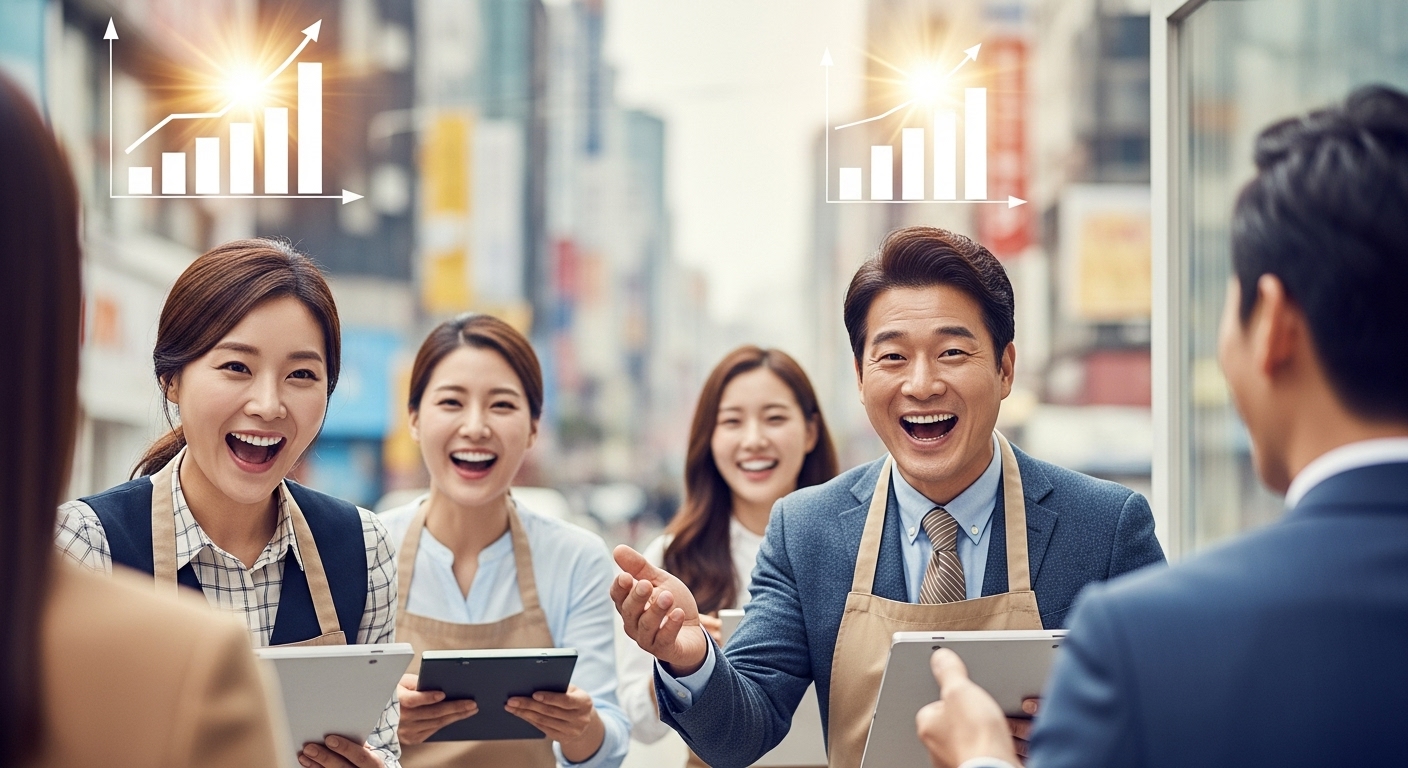 새출발기금 지원 확대의 기대 효과와 향후 전망 - 새출발기금 지원으로 다시 활기를 찾은 한국인 소상공인들이 가게에서 손님을 응대하는 모습