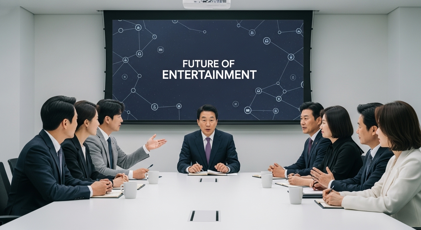 이하늬 논란이 던지는 메시지: 건강한 연예 생태계의 미래 - 다양한 한국 연예 산업 전문가들(배우, 매니저, 법률 자문가)이 회의 테이블에 앉아 건설적인 토론을 나누는 모습. 프로젝터 화면에는 '엔터테인먼트의 미래'라는 문구와 협업 및 윤리적 기준을 상징하는 연결선들이 표시되어 있습니다. 미래지향적이고 긍정적인 분위기입니다.