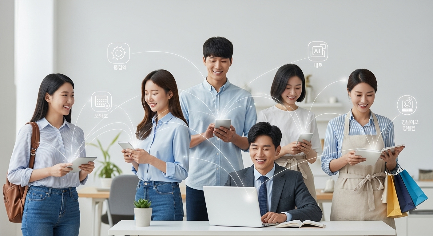개인화된 디지털 비서, 에이전틱 AI가 가져올 놀라운 변화는? - 다양한 연령대의 한국인들이 스마트폰, 노트북 등 디지털 기기와 연결된 보이지 않는 AI 비서의 도움으로 일상 업무를 간편하게 처리하고 있습니다.