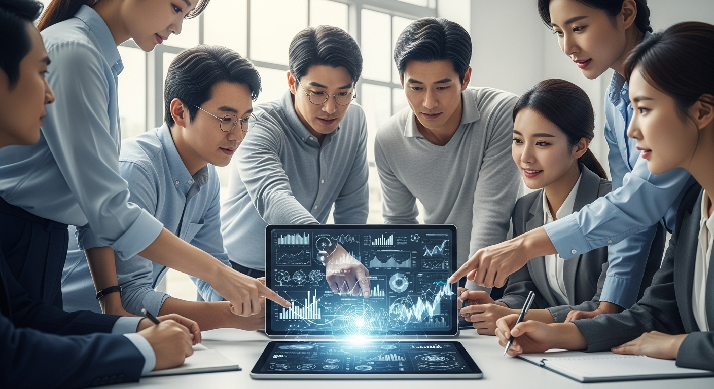 퀀텀 컴퓨팅 기술에 투자할 때, 현명한 투자 전략은 무엇일까요? - 한국인 투자자들이 양자 컴퓨팅 투자 전략을 논의하며 태블릿을 보는 모습.