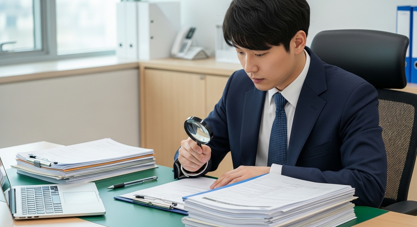 자발적 퇴사 후 구직급여 신청 절차와 필수 서류 준비 - 한국인 청년이 구직급여 신청을 위한 서류들을 돋보기로 확인하며 꼼꼼히 준비하는 모습
