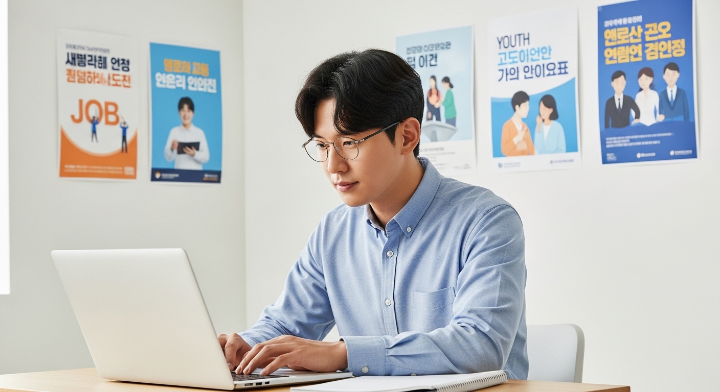 구직급여 수급 중 의무사항 및 청년 지원 제도 연계 활용 - 한국인 청년이 노트북으로 구직활동을 하며 적극적으로 미래를 준비하고 주변에 청년 지원 정책 관련 포스터가 있는 모습