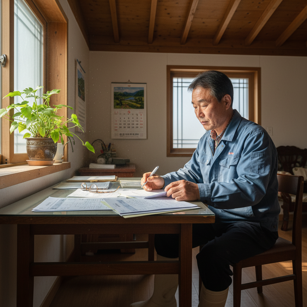 농업직불금 신청 자격 및 요건 상세 분석 - 한국 농부가 서류를 꼼꼼히 검토하며 직불금 신청을 준비하는 모습
