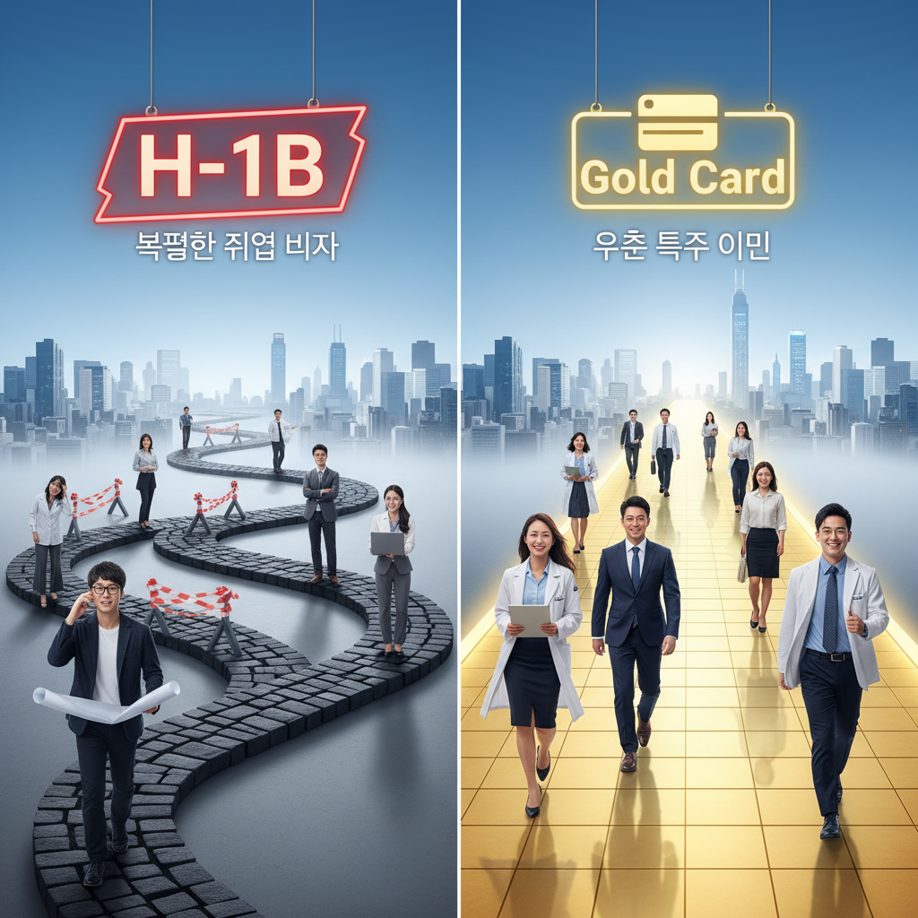 H-1B 비자와 '골드카드'의 차이점 및 예상되는 영향은? - 한국인 엔지니어를 포함한 고숙련 전문가들이 복잡한 H-1B 비자 경로와 직관적인 골드카드 비자 경로를 비교하는 인포그래픽