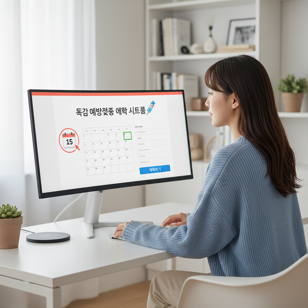 언제 어디서 접종받을 수 있나요? 놓치지 않는 신청 방법! - 한 시민이 컴퓨터로 성남시 독감 무료접종 온라인 예약 시스템을 확인하며 접종 일정을 계획하는 모습.