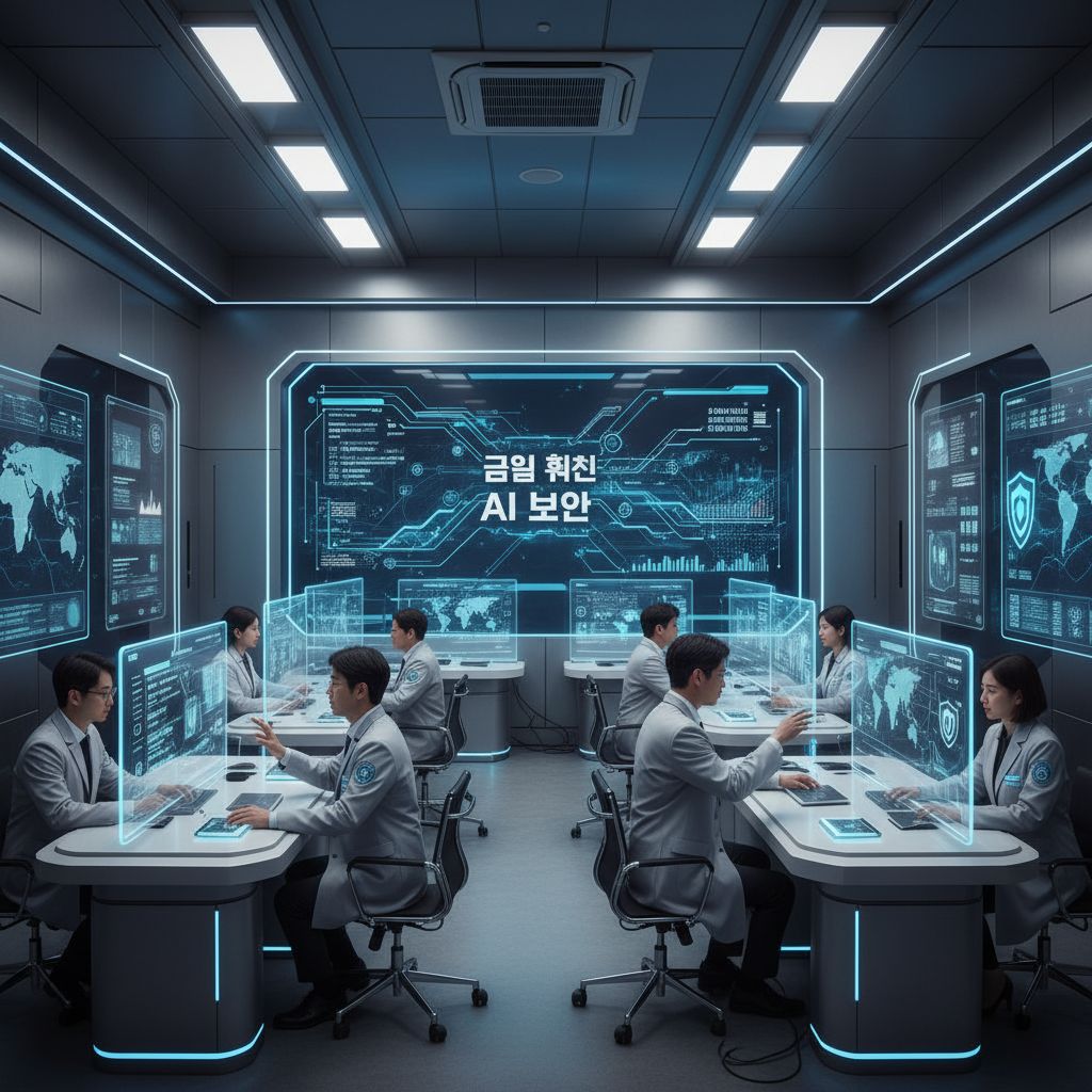 미래 금융 보안의 청사진: 카카오뱅크의 다음 행보 - 미래형 금융 보안 센터에서 한국인 연구원들이 홀로그램 디스플레이를 활용하여 AI 보안 시스템을 분석하며 미래 금융 혁신을 이끄는 모습.