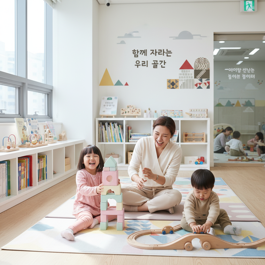 든든한 2025년 서울시 육아 지원, 서울형 키즈카페에서 두 아이와 즐겁게 놀고 있는 한국인 부모의 모습.