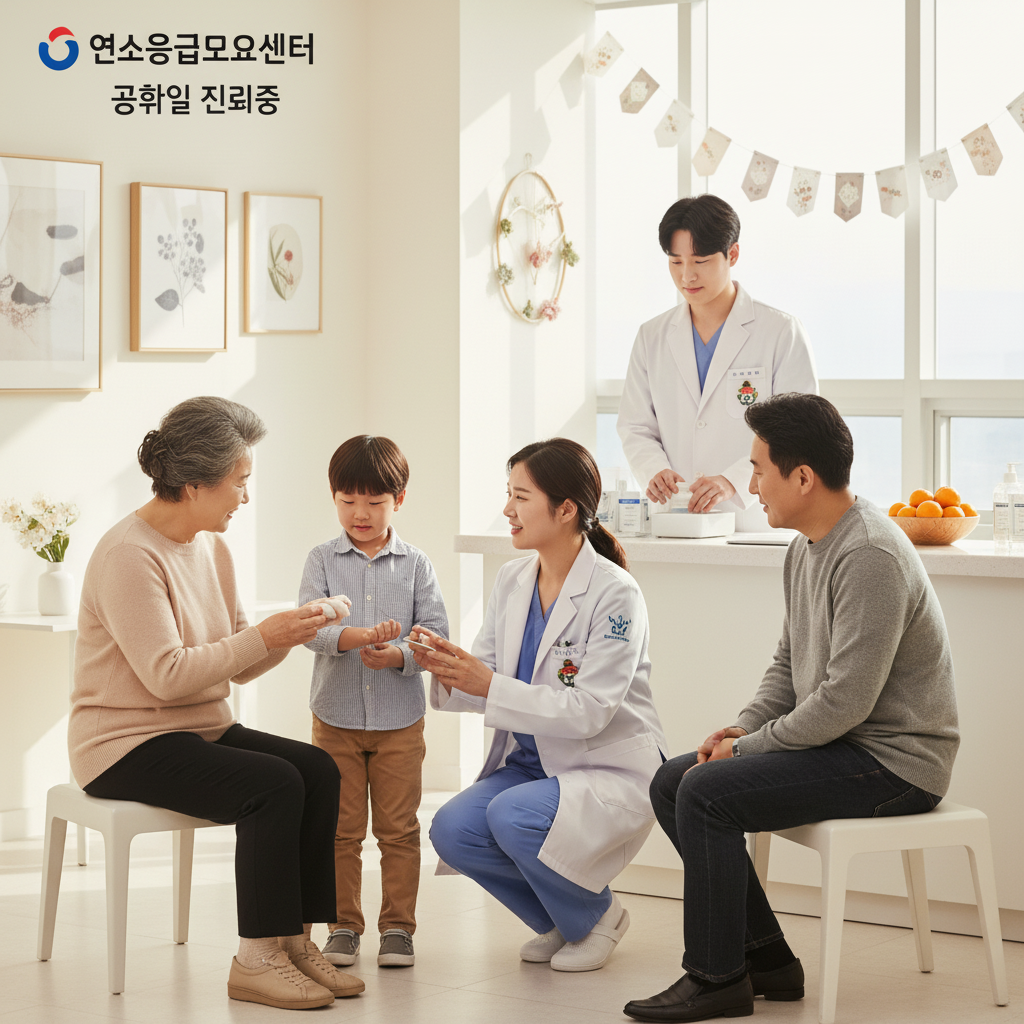 응급상황별 대처 요령과 진료 시 유의사항 - 추석 연휴 기간, 밝은 진료실에서 의사 또는 간호사가 노인과 아이를 포함한 다양한 연령대의 한국인들에게 응급처치 요령을 설명하거나 진료하는 모습.