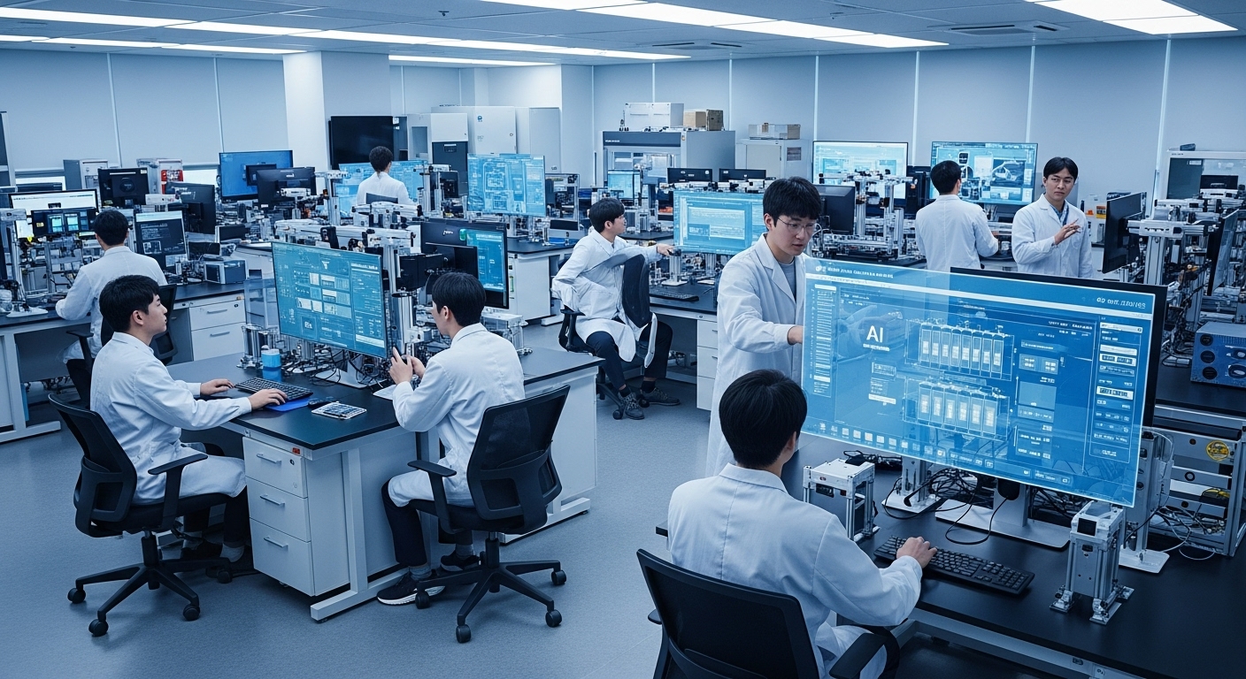 최신 사전 감지 기술 트렌드 및 국내외 개발 현황 - 첨단 배터리 안전 시스템을 개발하는 한국인 과학자와 엔지니어들이 AI 인터페이스와 다중 센서 프로토타입을 사용하는 현대적인 연구실 모습