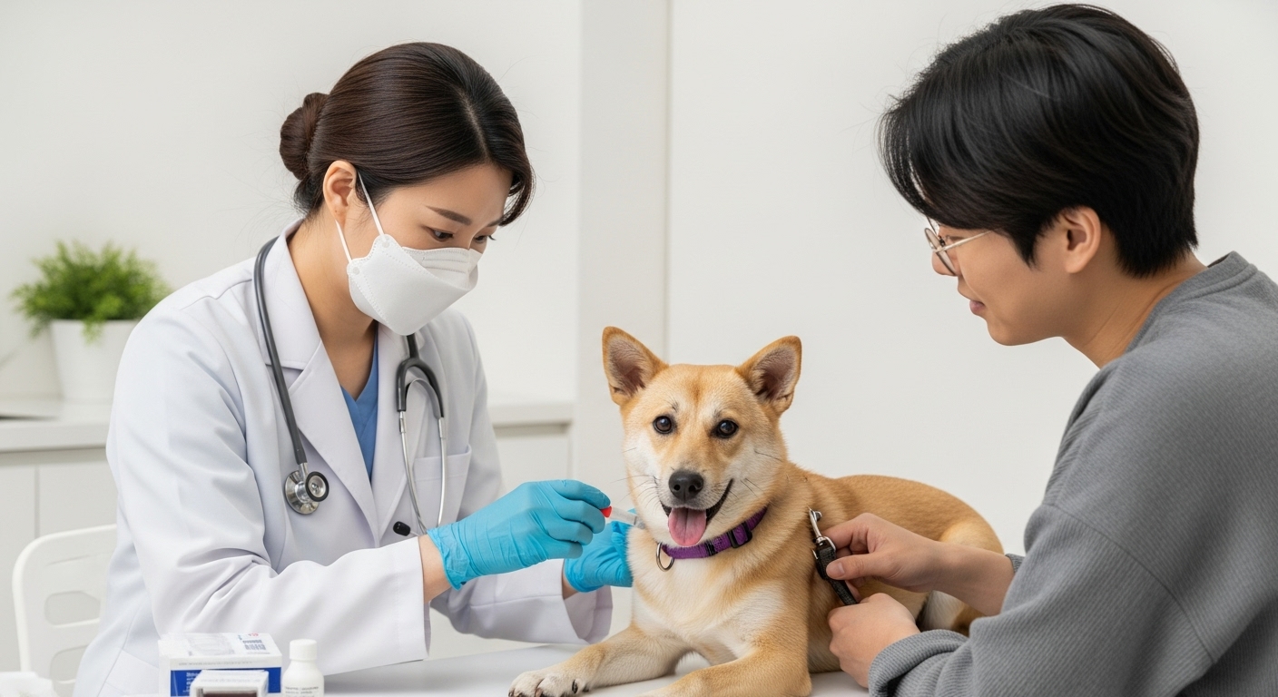예방약 선택 및 정기적인 검진의 중요성 - 침착하고 건강해 보이는 한국 반려견에게 한국인 수의사가 정기 검진을 하고 혈액 샘플을 채취하는 모습